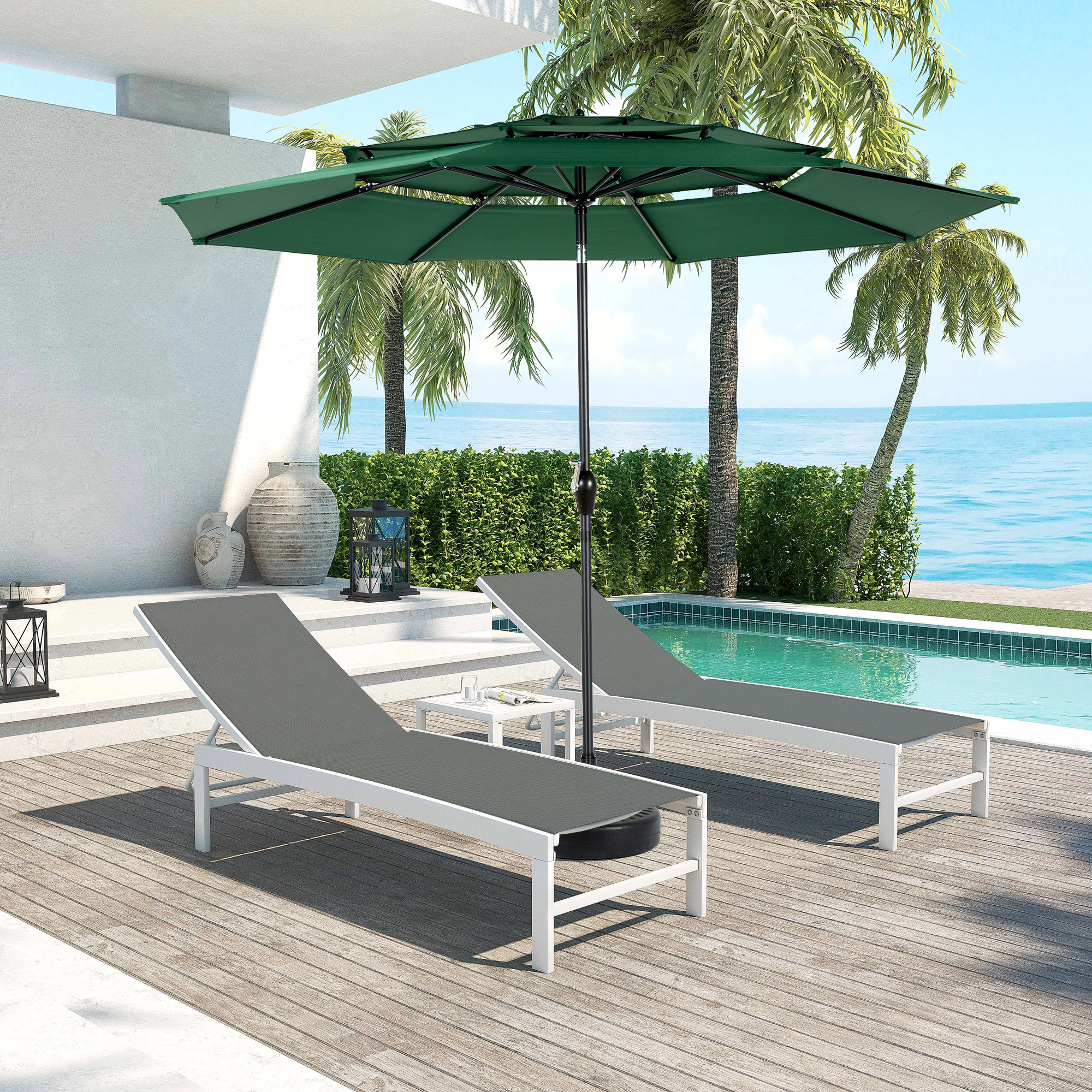 Aluminium 10ft 3 Tier Auto-tilt Umbrella ,outdoor Patio Umbrella - Market Table Pool Deck Umbrella - – Convenient Crank Open/close System, Dunkelgrün