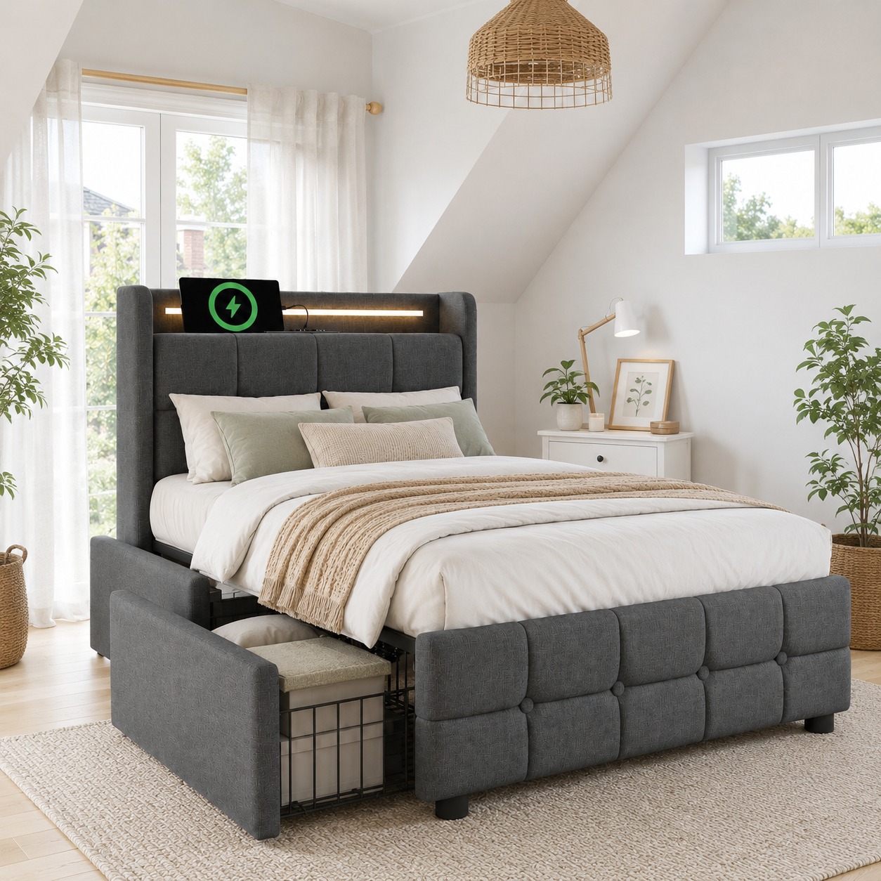 Polsterbett Mit Aufladen Usb Ladefunktion Kopfteil Und Led-beleuchtung Und 2 Schubladen,einzelbett 90×200 Cm Stauraumbetten Bettgestell, Lattenrost Aus Holz, Grau – Kopfteil Mit Steckdosen & Usb-ansch