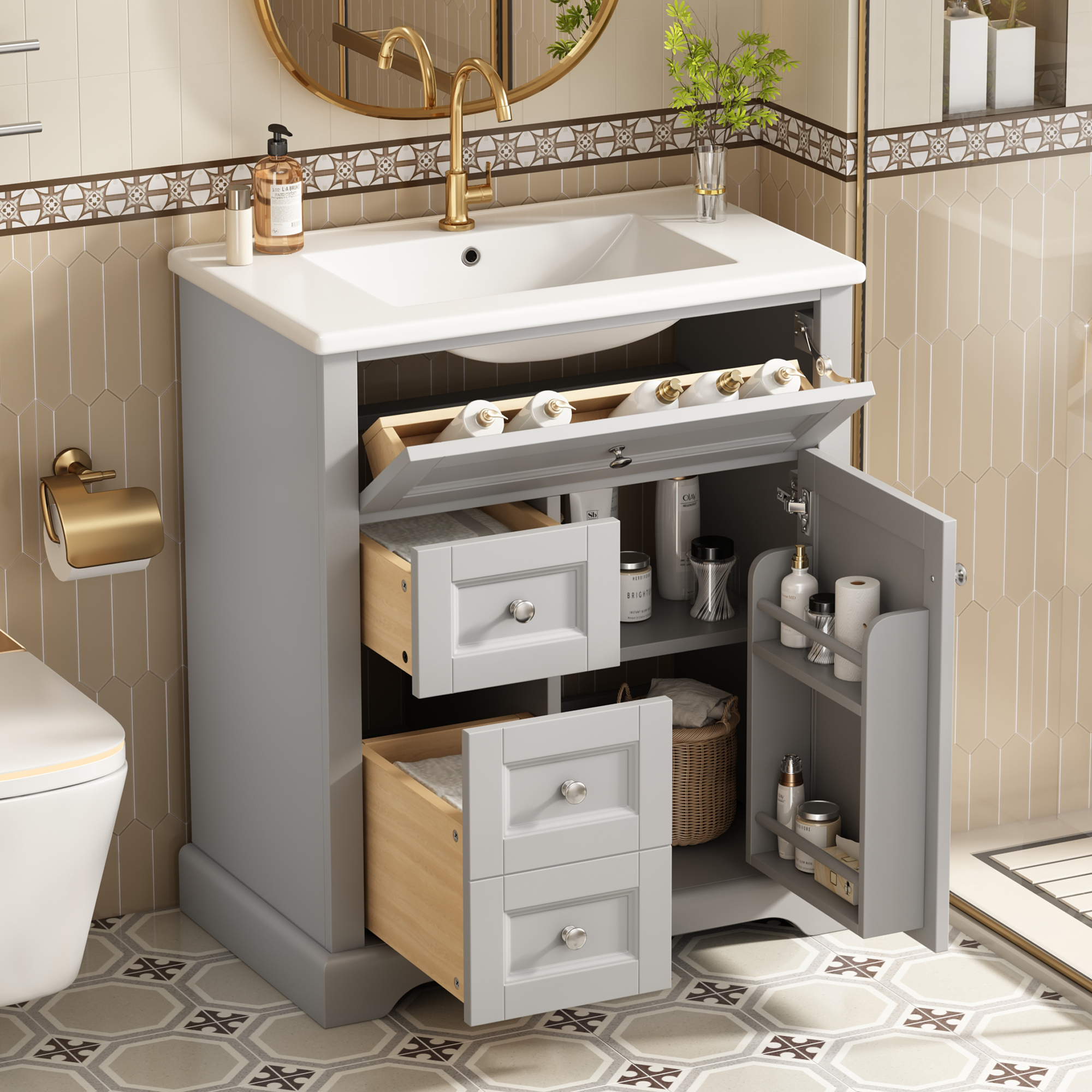 76x46x87cmbodenstehender Badezimmerschrank Mit Waschbeck, Waschtisch, Feuchtigkeitsbeständig Lackiert, Soft-close-schubladenführungen, Türregale,ausklappbare Schublade,verstellbare Ablagefläche, Grau