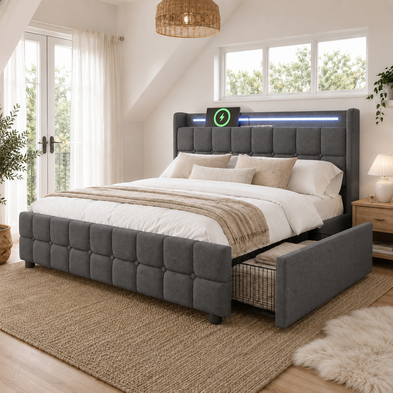 Polsterbett Mit Aufladen Usb Ladefunktion Kopfteil Und Led-beleuchtung Und 4 Schubladen,doppelbett 140×200 Cm Stauraumbetten Bettgestell, Lattenrost Aus Holz, Grau – Kopfteil Mit Steckdosen & Usb-ansc