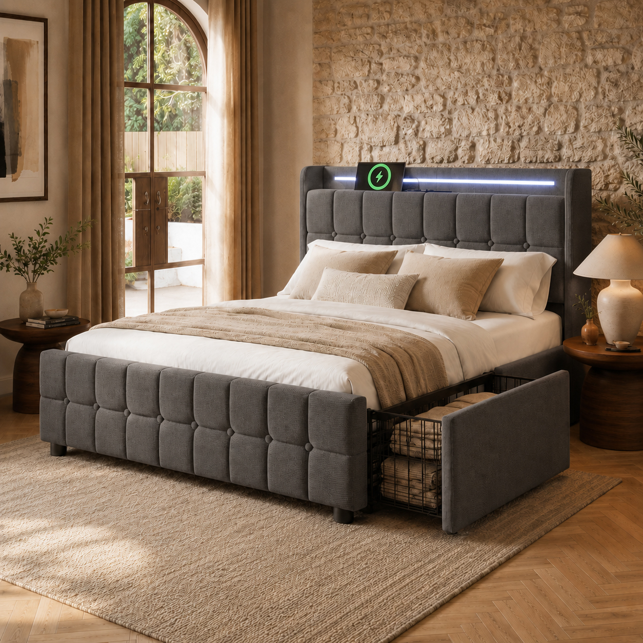 Polsterbett Mit Aufladen Usb Ladefunktion Kopfteil Und Led-beleuchtung Und 4 Schubladen,doppelbett 160×200 Cm Stauraumbetten Bettgestell, Lattenrost Aus Holz, Grau – Kopfteil Mit Steckdosen & Usb-ansc