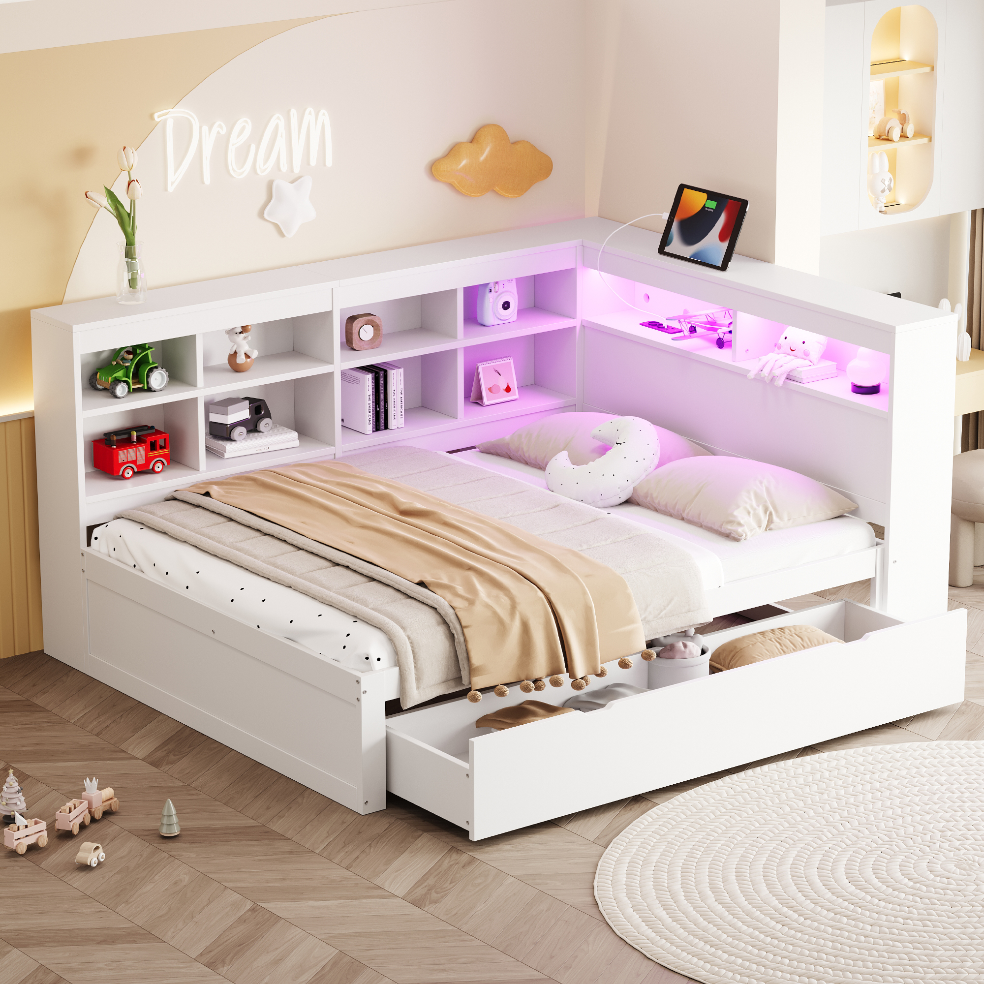 Massivholzsofa , Mit Extra Großen Schubladen, Mit Usb-steckdose Und Led-lichtleiste, Mit Einlegeböden Und Ablagefächern, Viel Stauraum, Multifunktionales Doppel-holzbett, Weiß – Multifunktionales, Mod