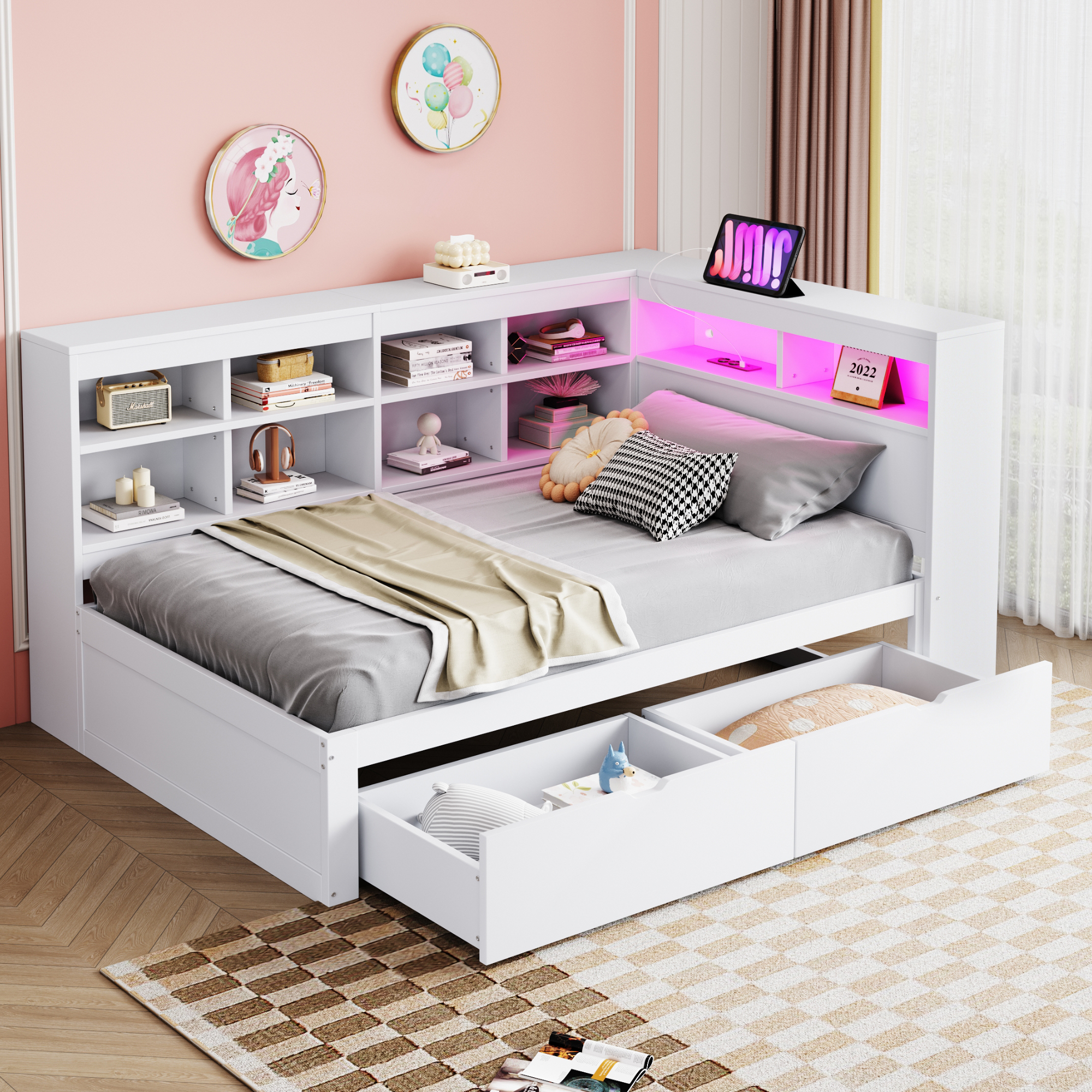 Massivholzsofa , Mit Ablagefächern, Bett Mit Usb- Und Steckdose Mit Led-leiste, Mit Regalen Und Ablagefächern, Viel Stauraum, Multifunktionales Einzelholzbett, Weiß – Vielseitiges, Modernes Design - D