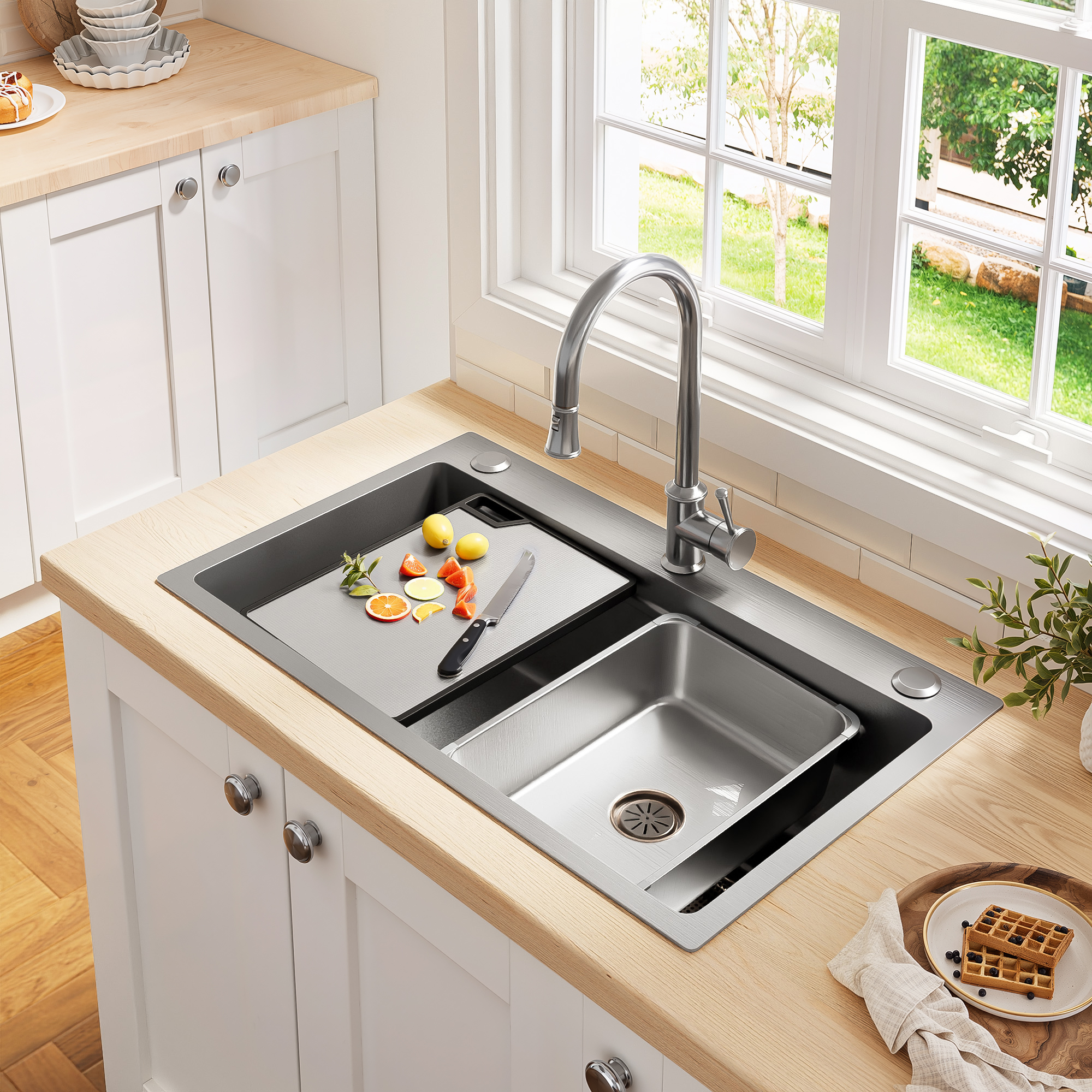 75×45 Cm Große Einbauspüle Aus Edelstahl Mit Schneidebrett,zusätzlichem Innenbecken Und Siebkorb,pvd-beschichtete Küchenspüle,wasserfall-ablauf,geräuscharme Konstruktion Und 3 Armaturenlöchern – Edels