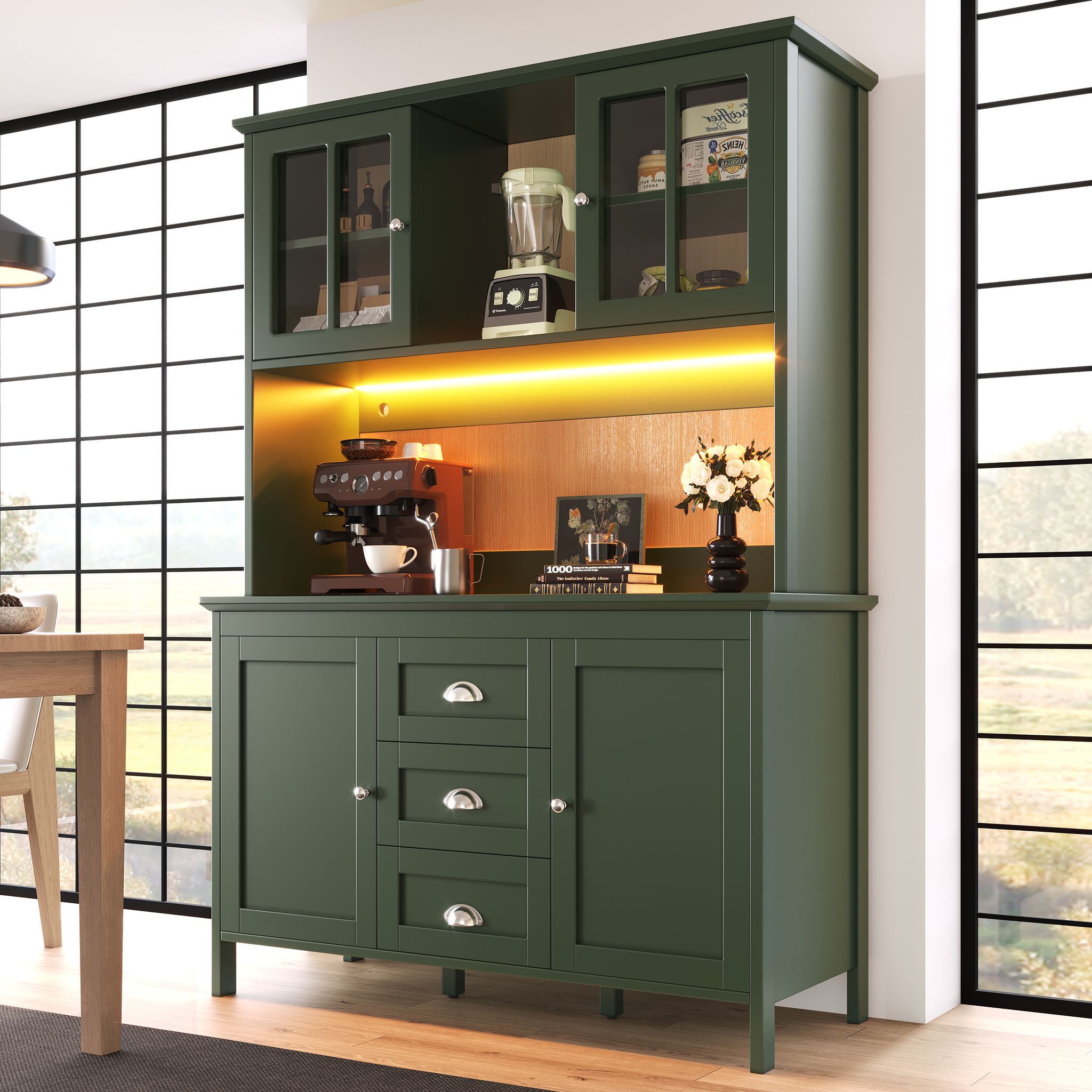 Küchenschränke , Hohe Küchenschränke, Sideboards, Küchenschränke Mit Braunen Glastüren Und Led-beleuchtung, Grün – Produktabmessungen Der Geschirrschrank Ist 120 Cm Lang, Große Aufbewahrungskapazität