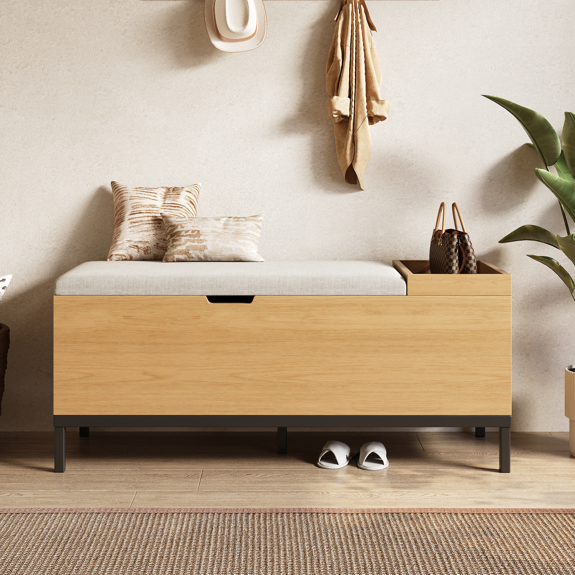 Schuhbank, Aufbewahrungsbank, Sitzschrank, Zusammenklappbare Aufbewahrungsbox Und Fußbank Farbenatural Maße 115 × 49.5×40 Cm. – Universelles Designnatürliche Holzmaserung Mit Hellgra, Stabil & Langleb