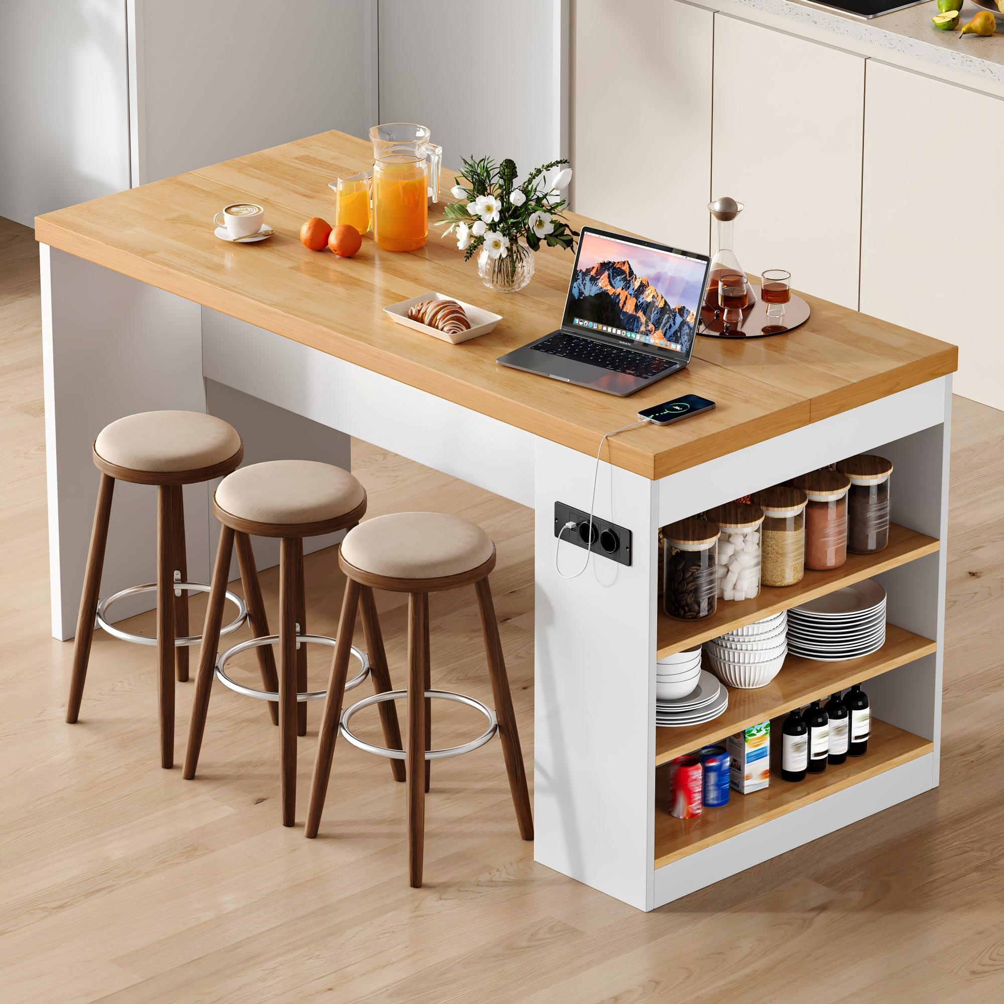 Kücheninsel 155×80×90 Cm Mit Led Beleuchtung & Steckdose,küchenblock Mit 40mm Arbeitsplatte,2xac+2xusb,3 Offenen Ablagen,moderne Kücheninsel Für Küche & Esszimmer – Große Äche & Die Großzügige Arbeits