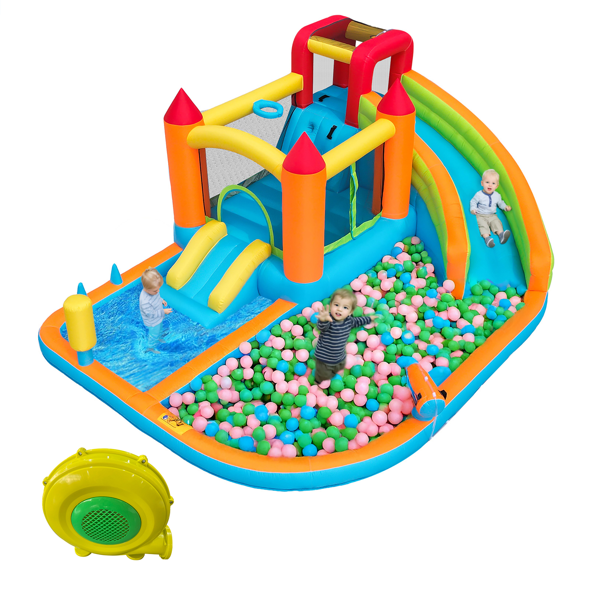 Mit Gebläse, Wasserrutsche + Trampolin + Basketballkorb + Wasserpistole, 2 Poolbereiche, 1 Große Und 1 Kleine Rutsche, Für Trockene Und Nasse Nutzung, Ein Wasserpar – Multifunktionales Spieldesign Ent