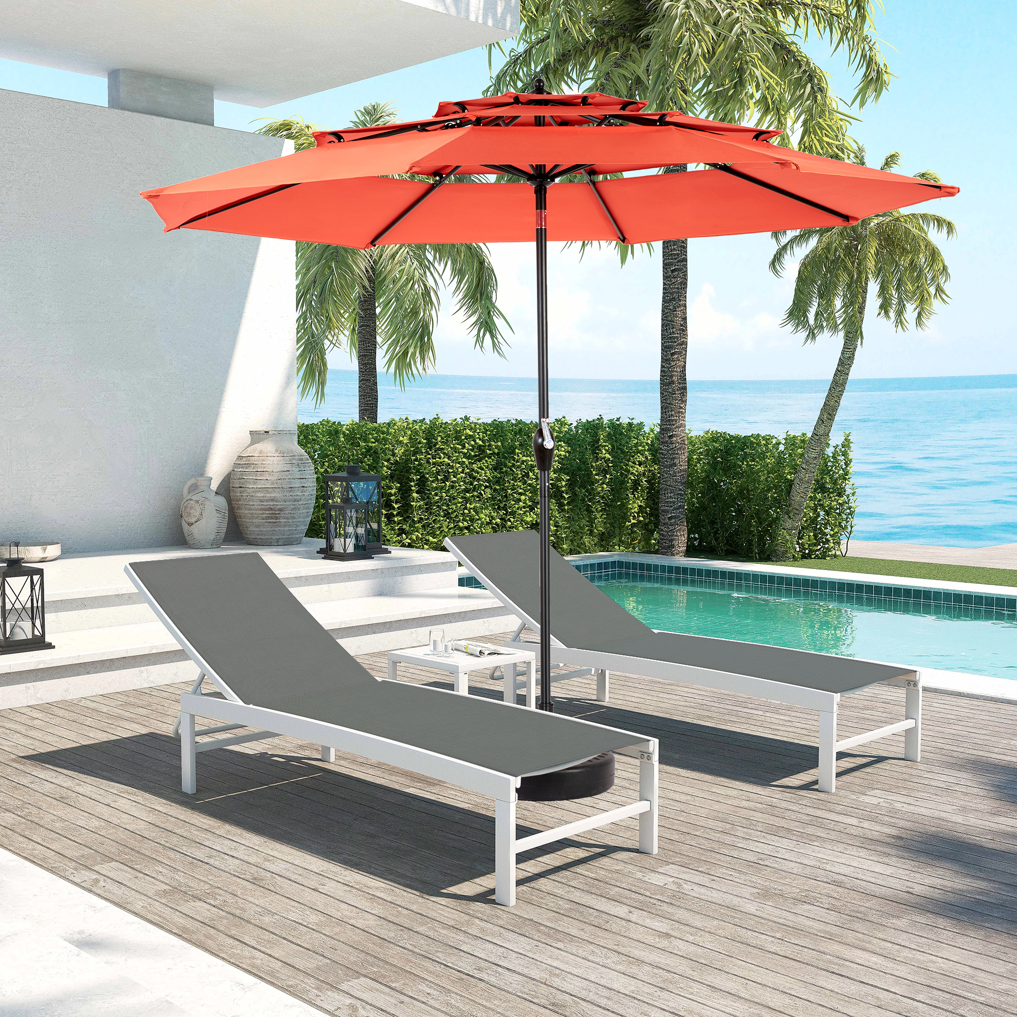 Aluminium 10ft 3 Tier Auto-tilt Umbrella – Powerful Shading Effect, Orange