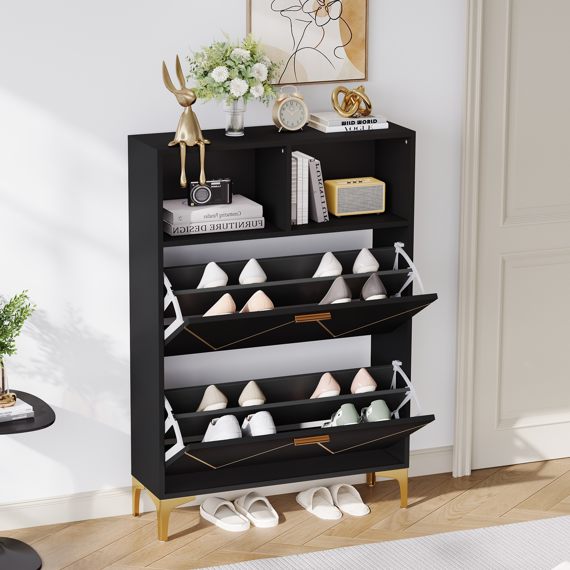 80 Schuhschrank Mit 2 Unteren Klapptüren,flur-schuhschrank Mit 4 Schuhablagefächern,schrank Mit 2 Halboffenen Ablageflächen,sideboard, Wohnzimmerschrank,erhöhtes Tischbeindesign,mdf+metall – Moderate