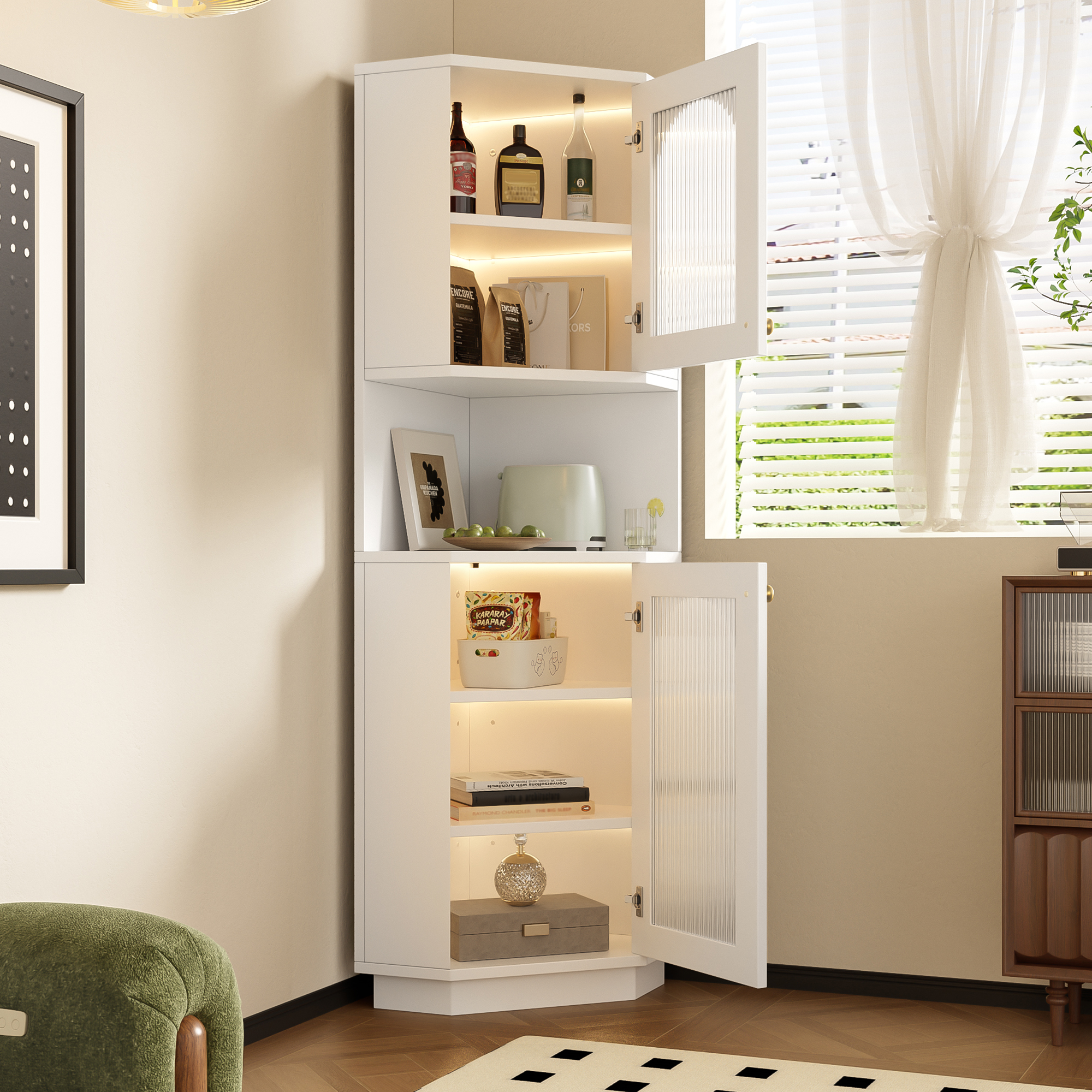 Old Skuw,badschrank Mit Lichtleiste, Badmöbel, Eckschrank Mit Zwei Ablagefächern, Offenes Fach Mit Verstellbaren Einlegeböden, 45×45×166,5 Cm, Weiß – Durchdachte, Offene Fächer Ermöglichen Ihnen Jeder