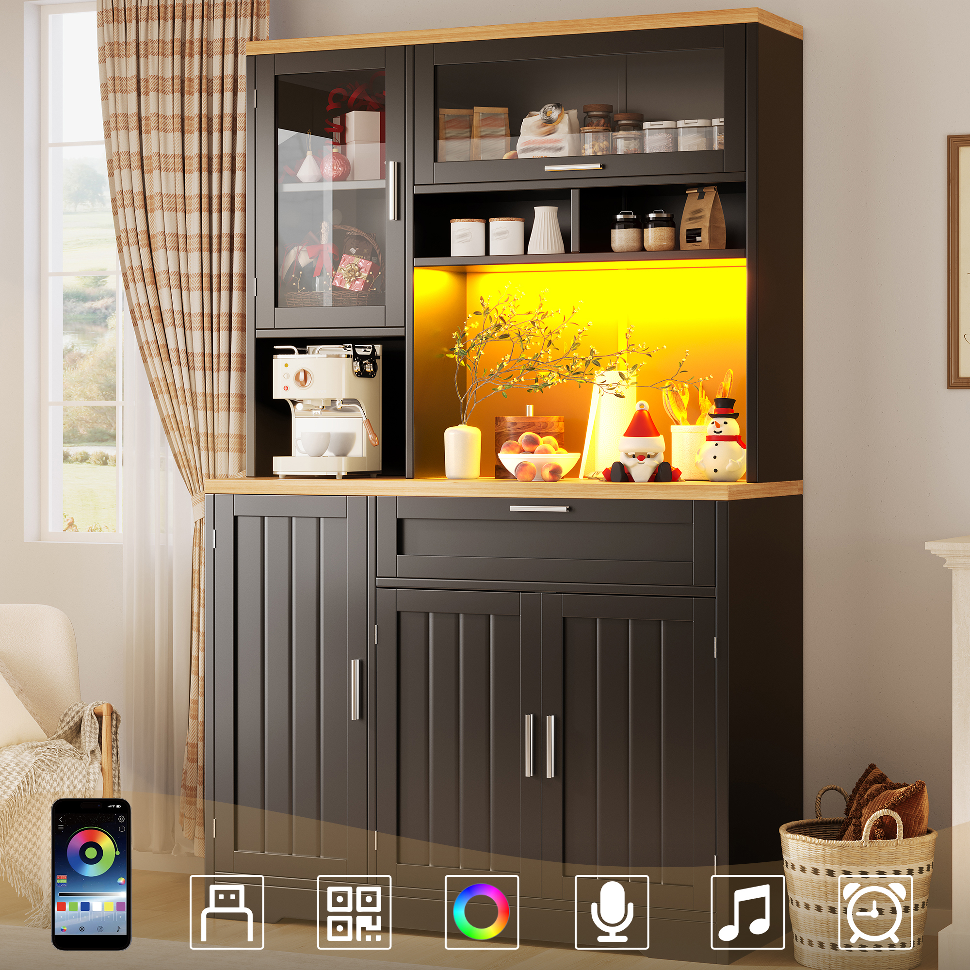 Küchenschrank, Hochschrank / Vitrine Mit Led-beleuchtung, 104×40×180 Cm, Weiß/schwarz, Für Küche & Wohnzimmer – Produktdetails Dieser Hochschrank Mit Den Maßen 104x40, Led-beleuchtung Das Elegante Geh