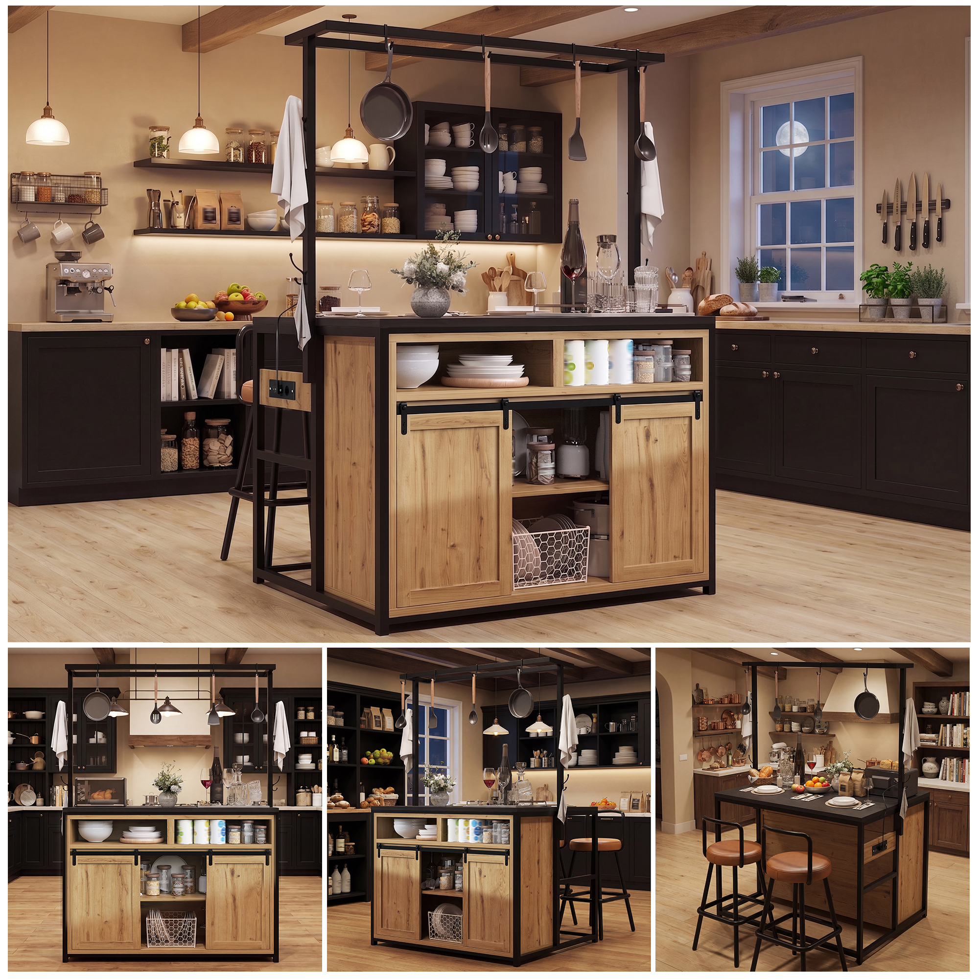 Küchenschrank Mit Arbeitsplatte & Stromanschluss, 183cm Hoher Kücheninselschrank Mit Hängeregal, Holzoptik/ Schwarz, Für Küche & Esszimmer