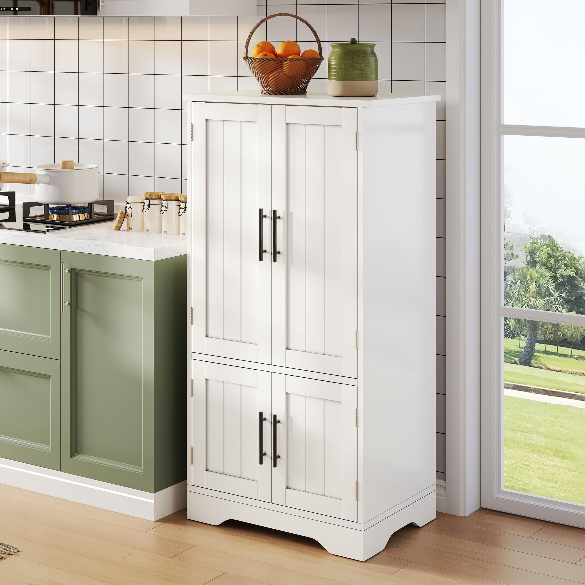120×60×40 Cm Küchenschrank Mit Led-sensorlicht, Großer 4-türiger Aufbewahrungsschrank Mit Verstellbaren Regalböden & Türablagen – Geeignet Für Küche, Esszimmer Oder Wohnzimmer, Weiß – Moderner Minimal