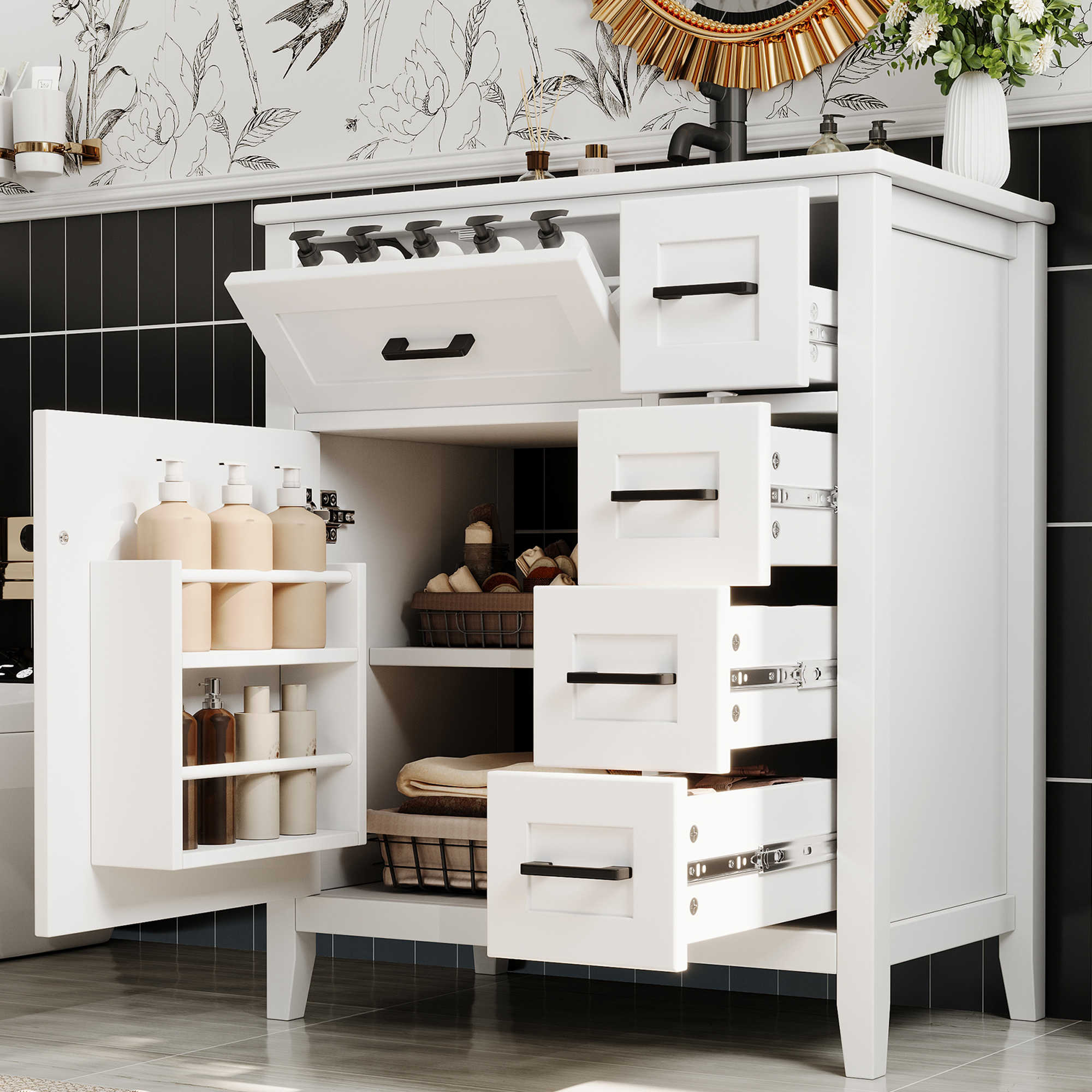 76×46×90 Cm Freistehender Badezimmerwaschtisch, Lackierte Oberfläche, Vier Geräuschlose Schubladen, Klappschubladen, Schranktürregale, Schwarze Griffe, Integriertes Keramikwaschbecken, Weiß. – Mdf-mat