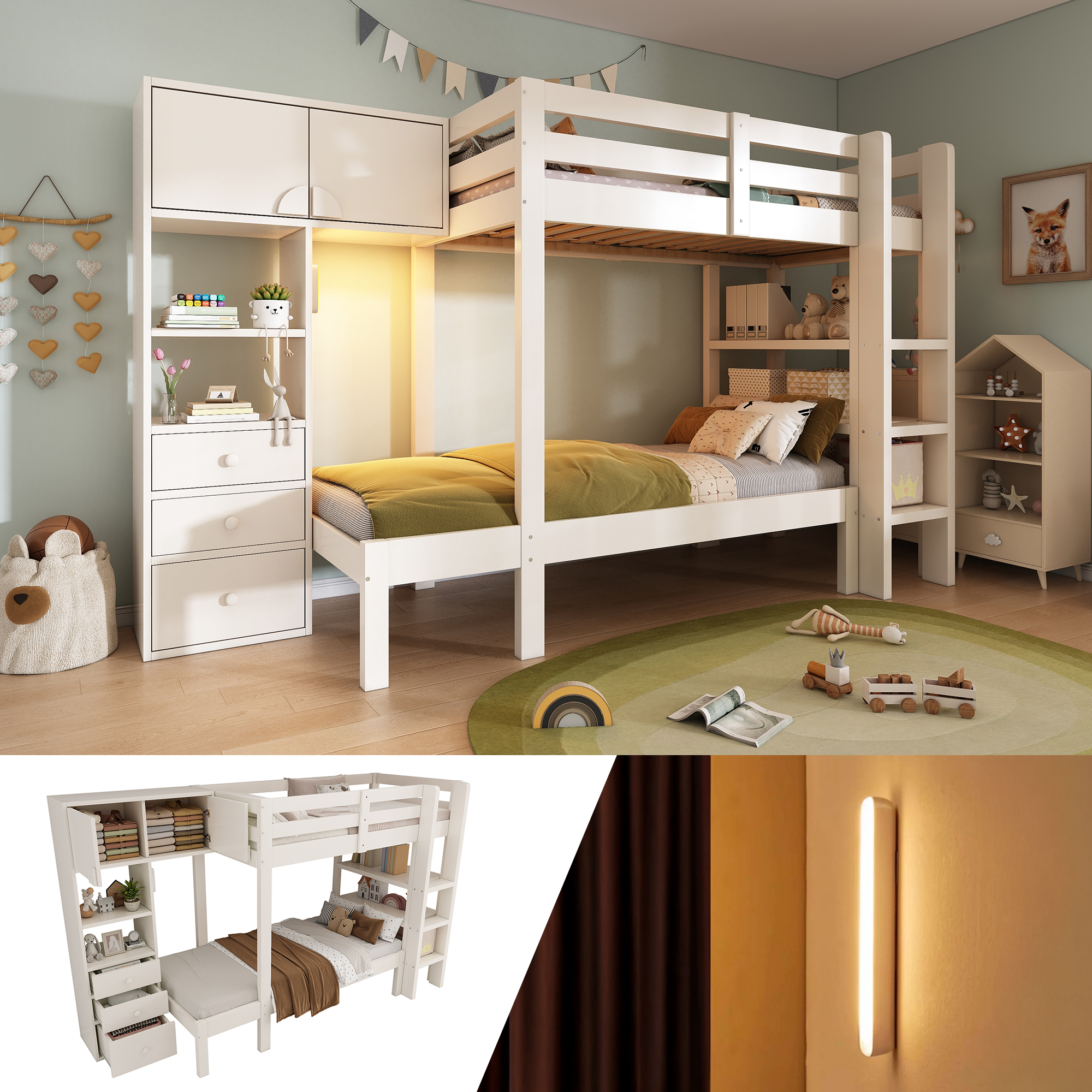 Etagenbett 90×200 Cm Mit Intelligentem Nachtlicht, Versetztes Design Mit Schrank, Regal & Schubladen, Großzügiger Stauraum, 90×200 Cm, Weiß, En747-12024 – ⭐【intelligentes Led-nachtlicht Mit Bewegungsm