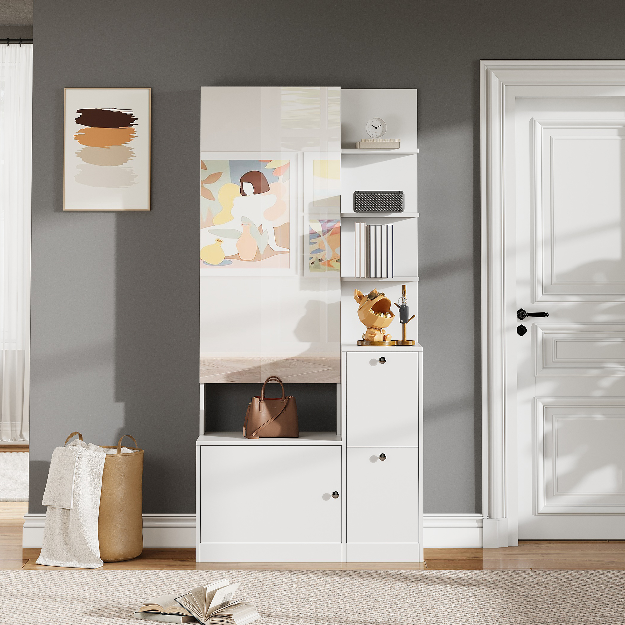 85 Hochschrank Mit Spiegel Und Schuhschrank,flurschrank,flur Garderobenständer ,aufbewahrungsschrank Mit Zwei Türen,vitrine Mit 5 Ablageflächen,weiß – All-in-one-eingangsbereichschrank Der Schmal, Ho