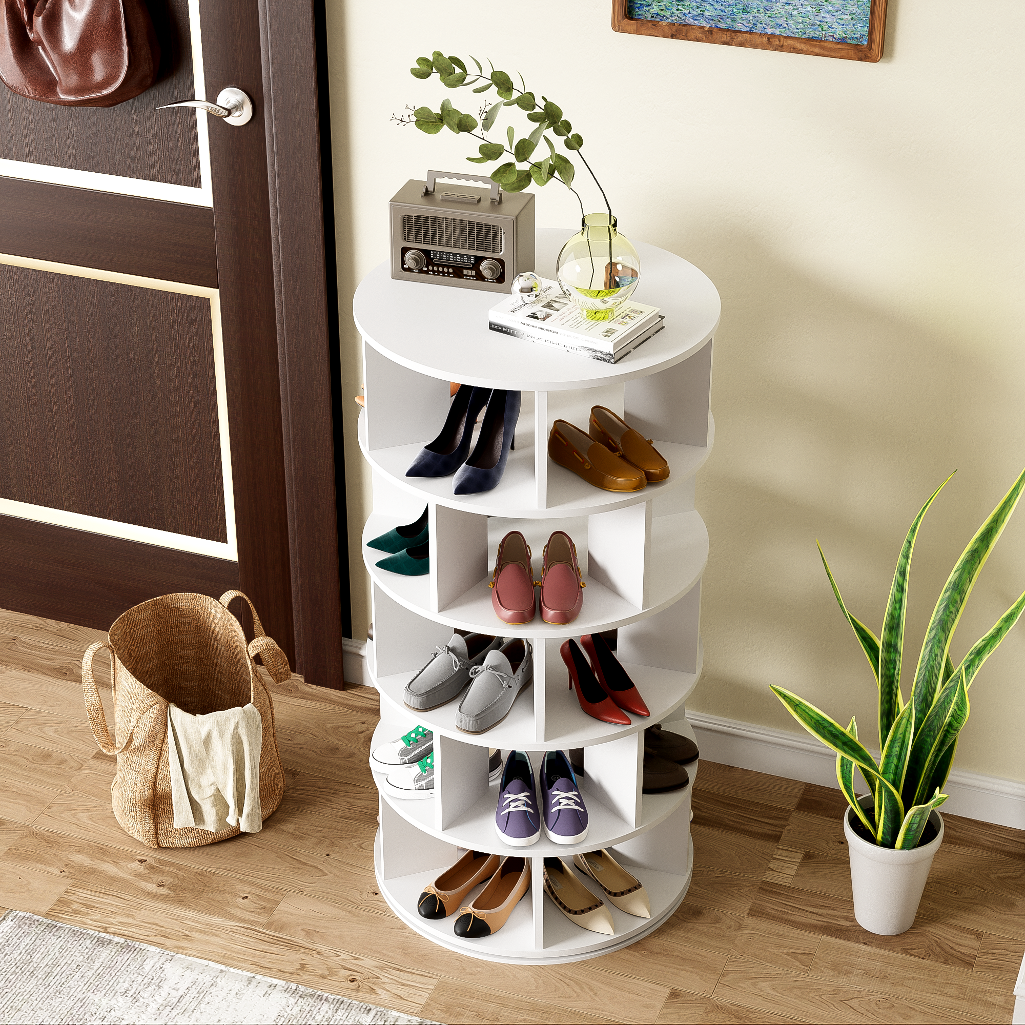 Schuhregal, Drehbarer Winkel, Weiß Rund, 5 Ebenen, Höhe 115 Cm, Breite 60 Cm – Rotierendes Design Einzigartiges Design, Das Schuhrega, Ausreichend Stauraum Mit Einer Gesamthöhe Von 115 Cm V, 60×60×115