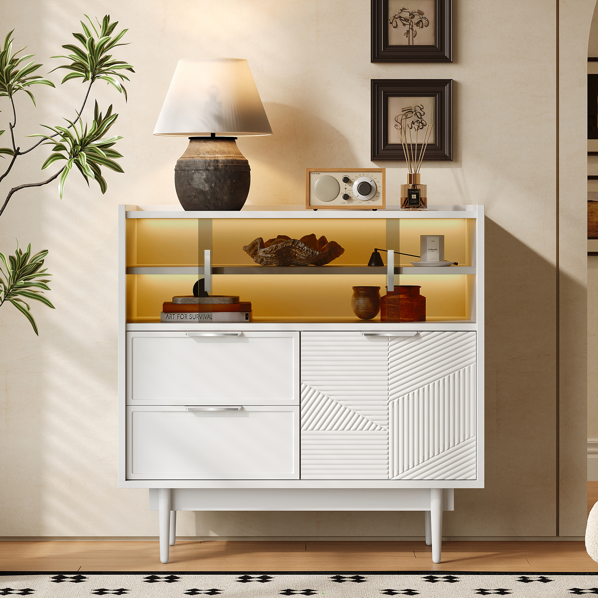 Ablageschrank, Badezimmerschrank, Sideboard Mit Lichtleiste, 80 Cm Breit, Glastür – Ein Einzigartiges Design Mit Offenen Fächern, In Denen , Die Hochwertigen Glasschiebetüren Verhindern Die Ansamm, 80