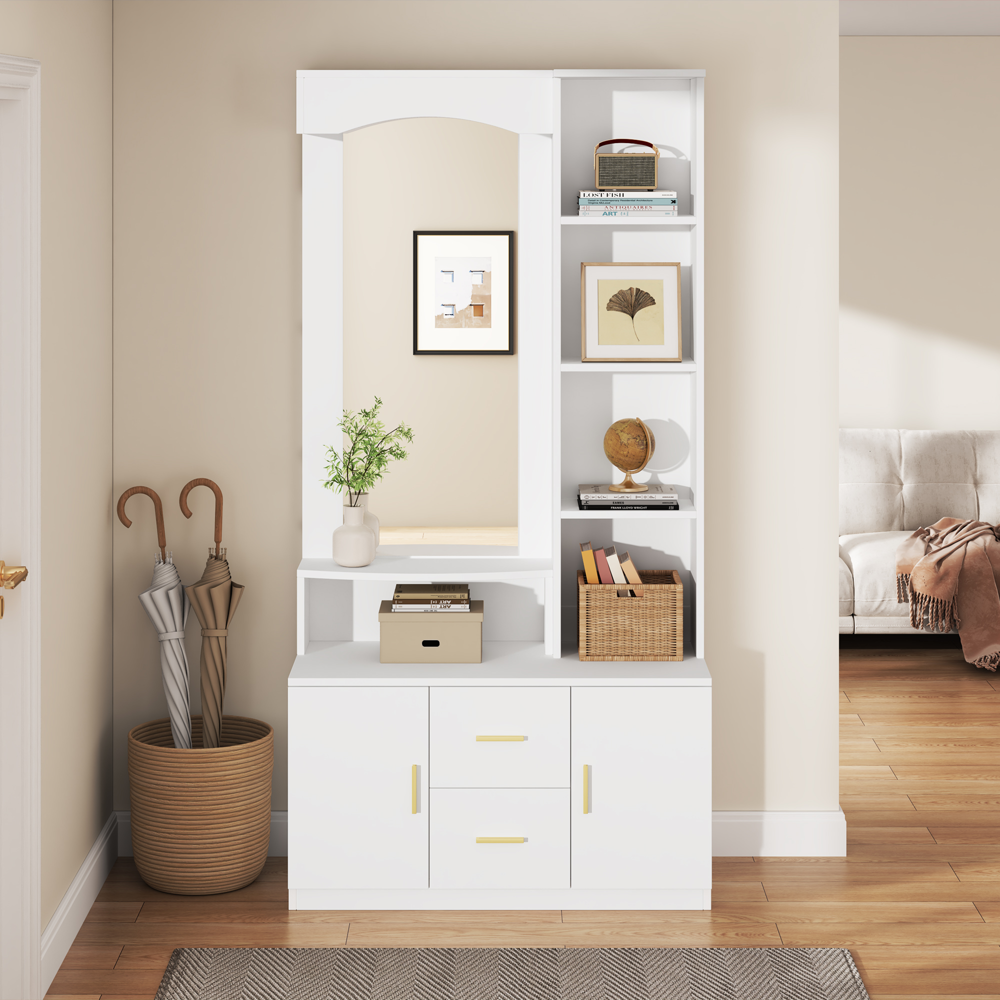 90 Multifunktionales Diele Flur Mit Stauraum,schränke Mit Schuhschrank Und Spiegel,cabinet Mit 2 Schublade Und 2 Schränke, Kommoden Mit Regal,weiß – Maße 90×40×180 Cm, Spiegel Diese Schuhbank Verfügt