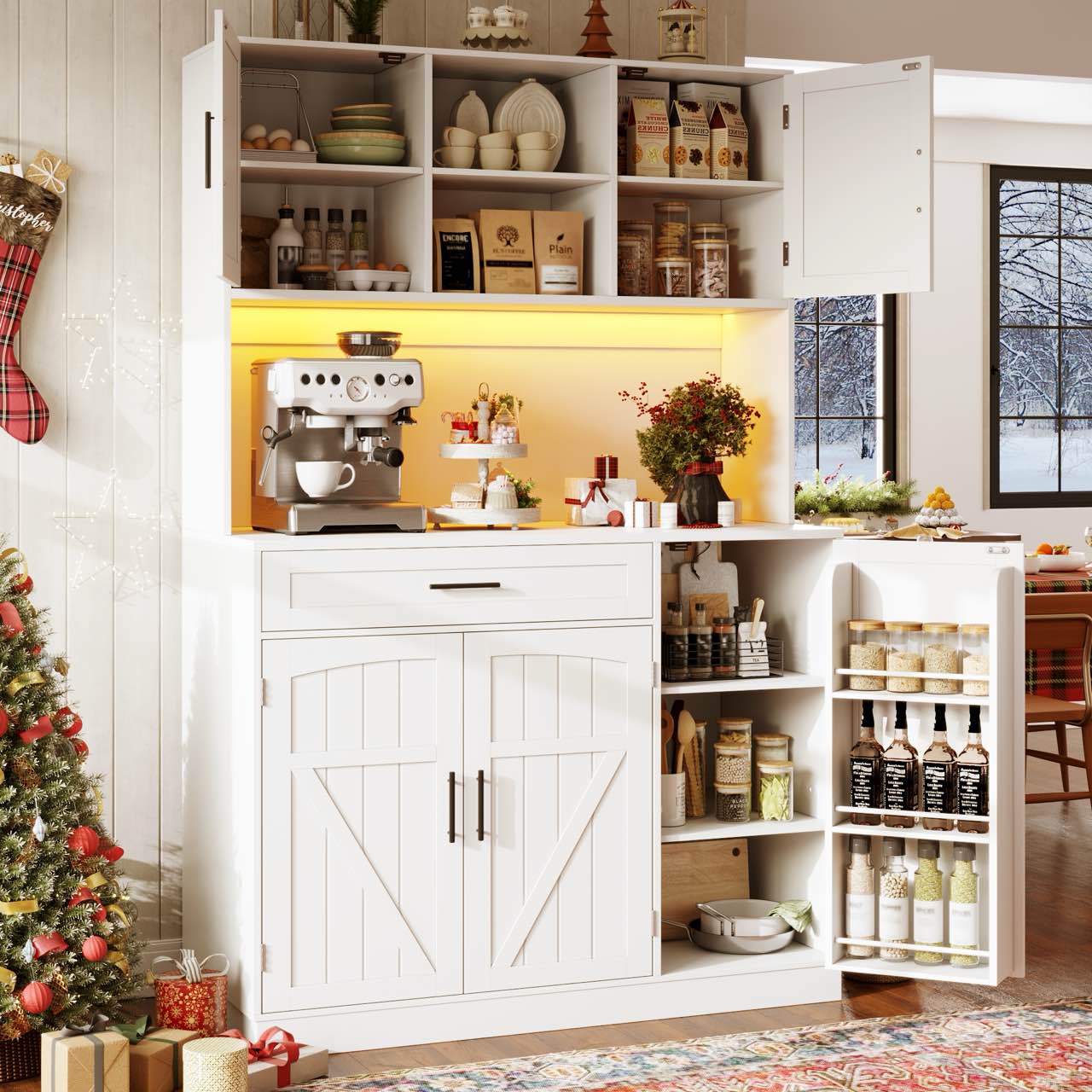 Seitenschrank, Aufbewahrungsschrank, Küchenschrank, Anrichte, 110×38×180 Cm, Landhausstil, Fünf Türen, Mit Led-leiste Und Steckdose, Weiß – Produktmaße Der Anrichteschrank Mit Den Maßen 110 Cm L, Groß