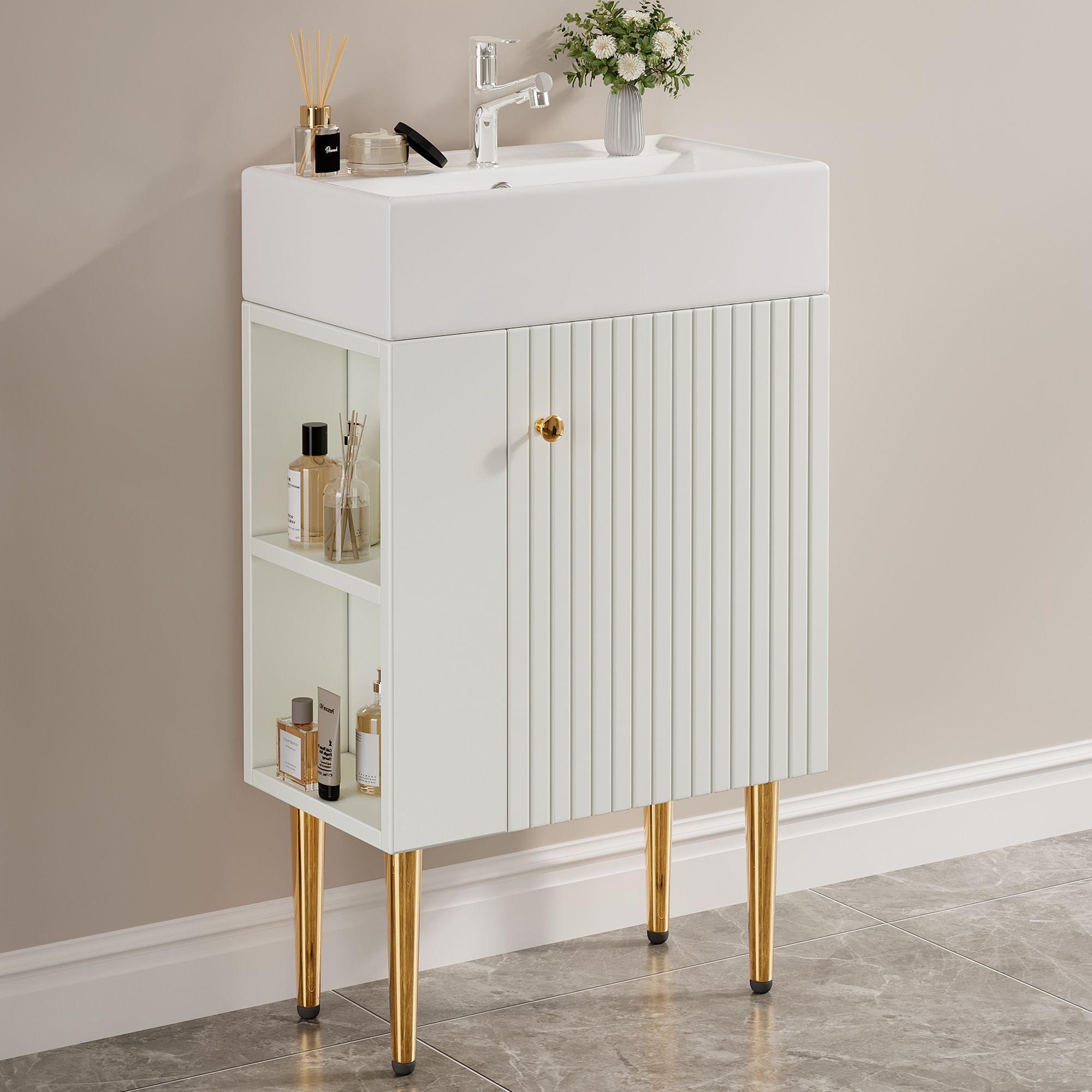 Badezimmermöbel Waschbecken Mit Waschtischunterschrank 55 Cm , Waschtischunterschrank , Kleine Gästebadmöbel , Weiß – Ein Konkav-konvexes, Dreidimensionales Muster, Das