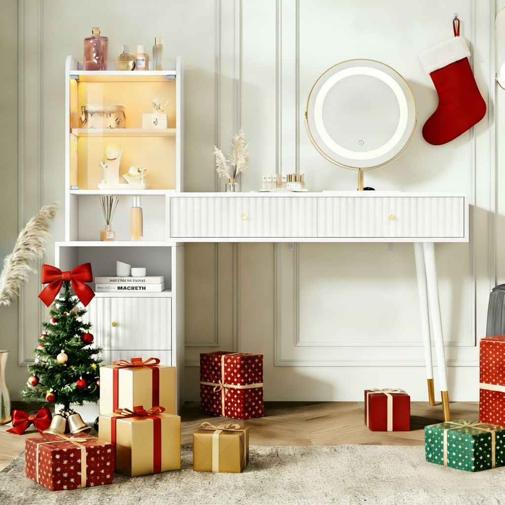 Schminktisch-set Mit Dreifarbigem Led-spiegel, Vier Schubladen,1 Beleuchteten Schrank Mit Glastür,1 Offenen Staufach, Weiß, Maße 100×40×125 Cm – Zeitgemäßer Stil Die Wellenförmige Zierleiste Auf Der,