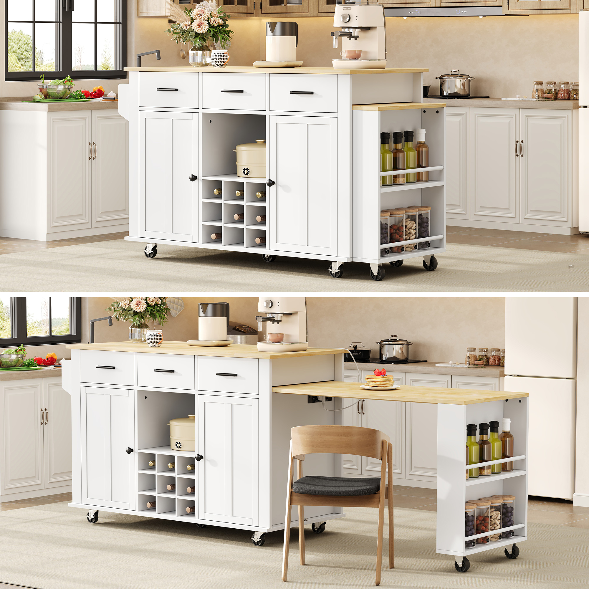 Kücheninsel Mit Ausziehbarer Arbeitsplatte,küchenwagen Mit Stauraum,136×50×93 Cm Mobile Kücheninsel Mit 3 Schubladen,weinregal,steckdose Mit Usb Und 7 Rollen,weiß/eiche – Ausziehbare Arbeitsplatte Für
