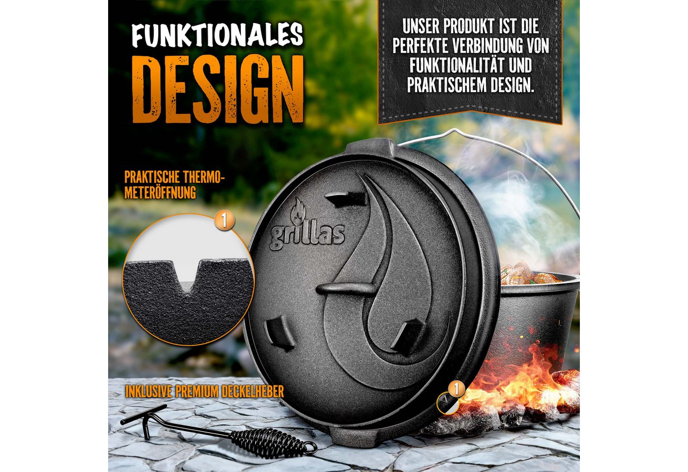 Grillas® Dutch Oven Set 4,2 Liter / Topf Mit Füße Deckelheber Bbq Gusseisen Feuertopf Gusstopf Schmortopf