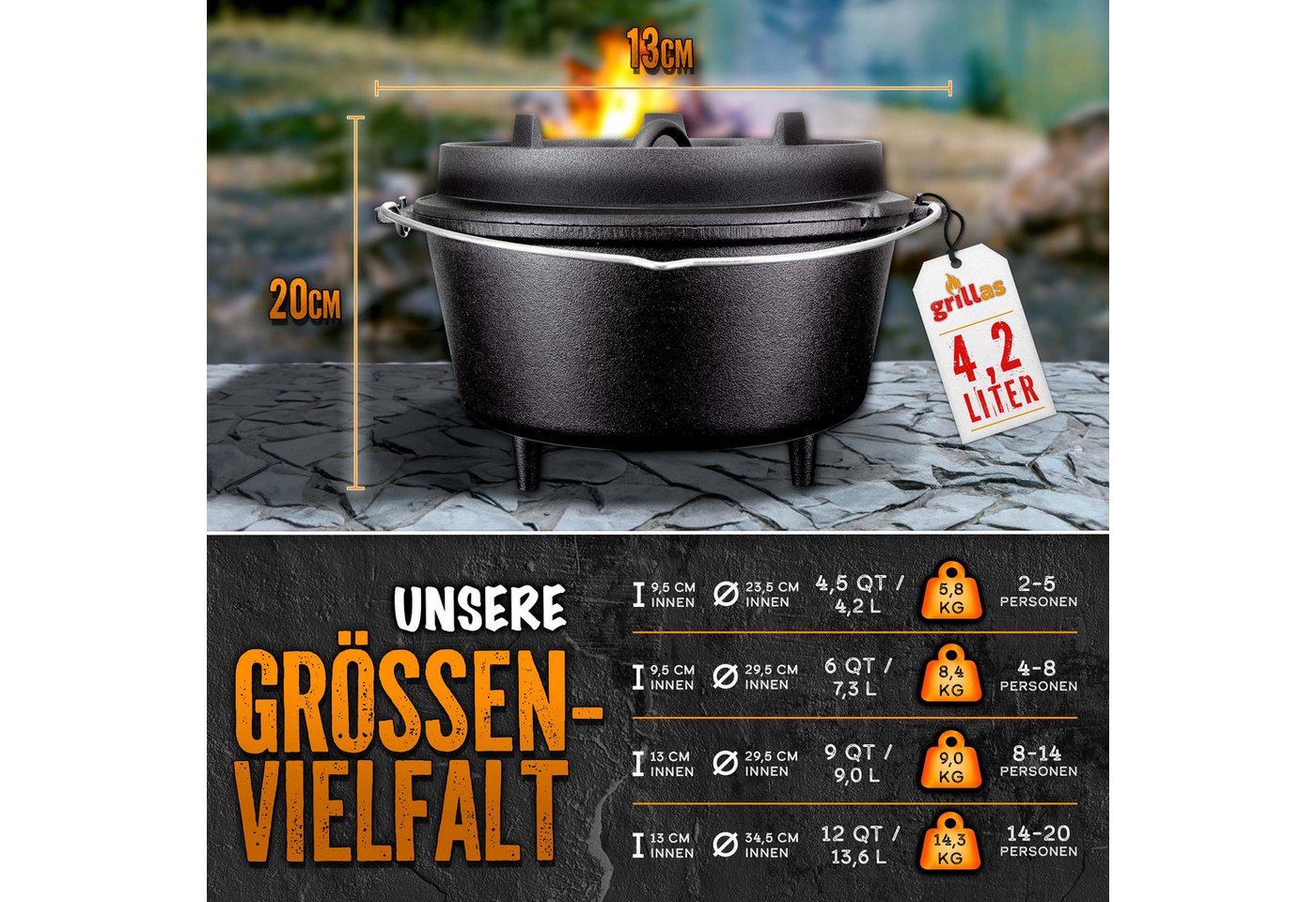 Grillas® Dutch Oven Set 4,2 Liter / Topf Mit Füße Deckelheber Bbq Gusseisen Feuertopf Gusstopf Schmortopf Bild 2