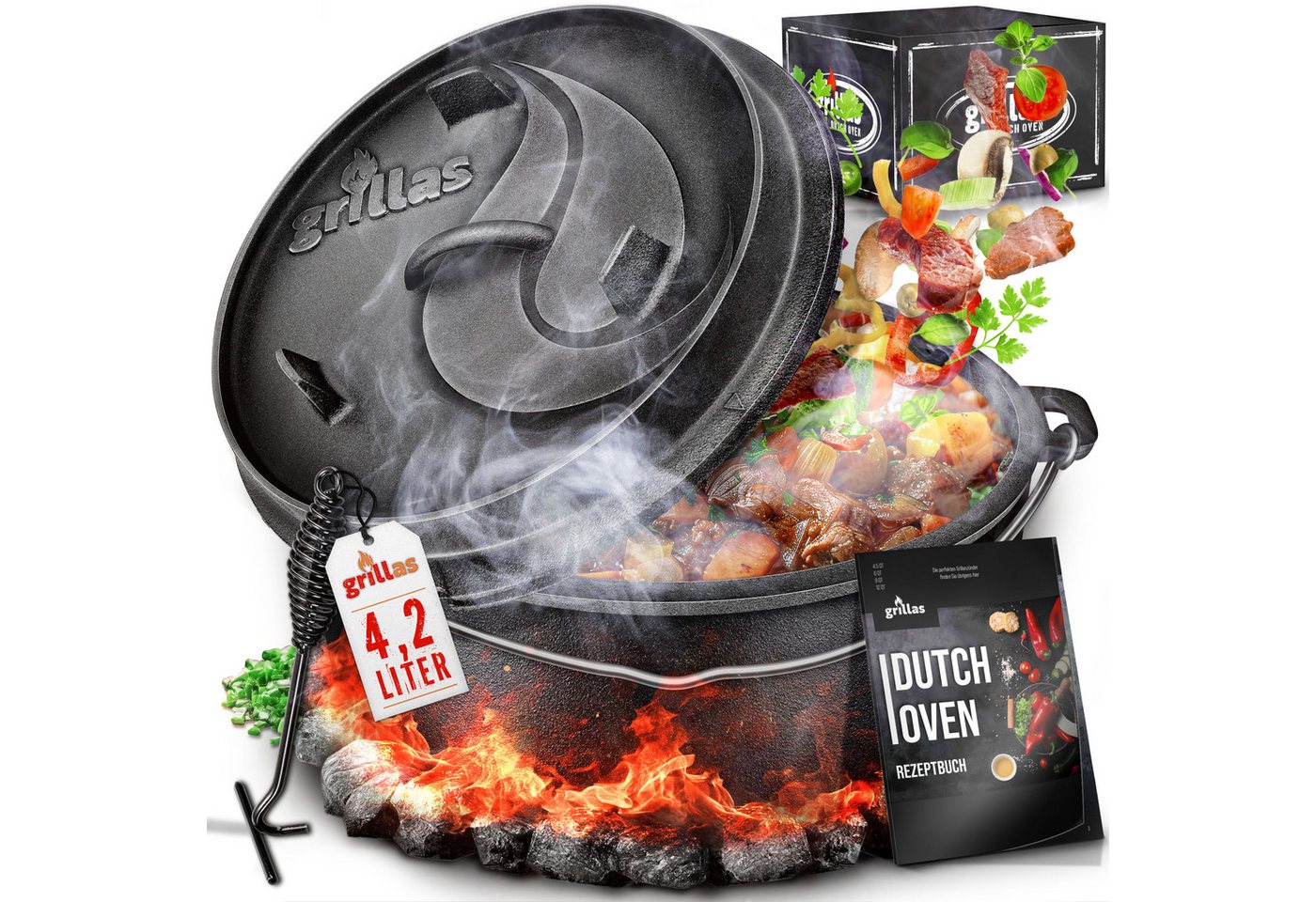 Grillas® Dutch Oven Set 4,2 Liter / Topf Mit Füße Deckelheber Bbq Gusseisen Feuertopf Gusstopf Schmortopf Bild 3