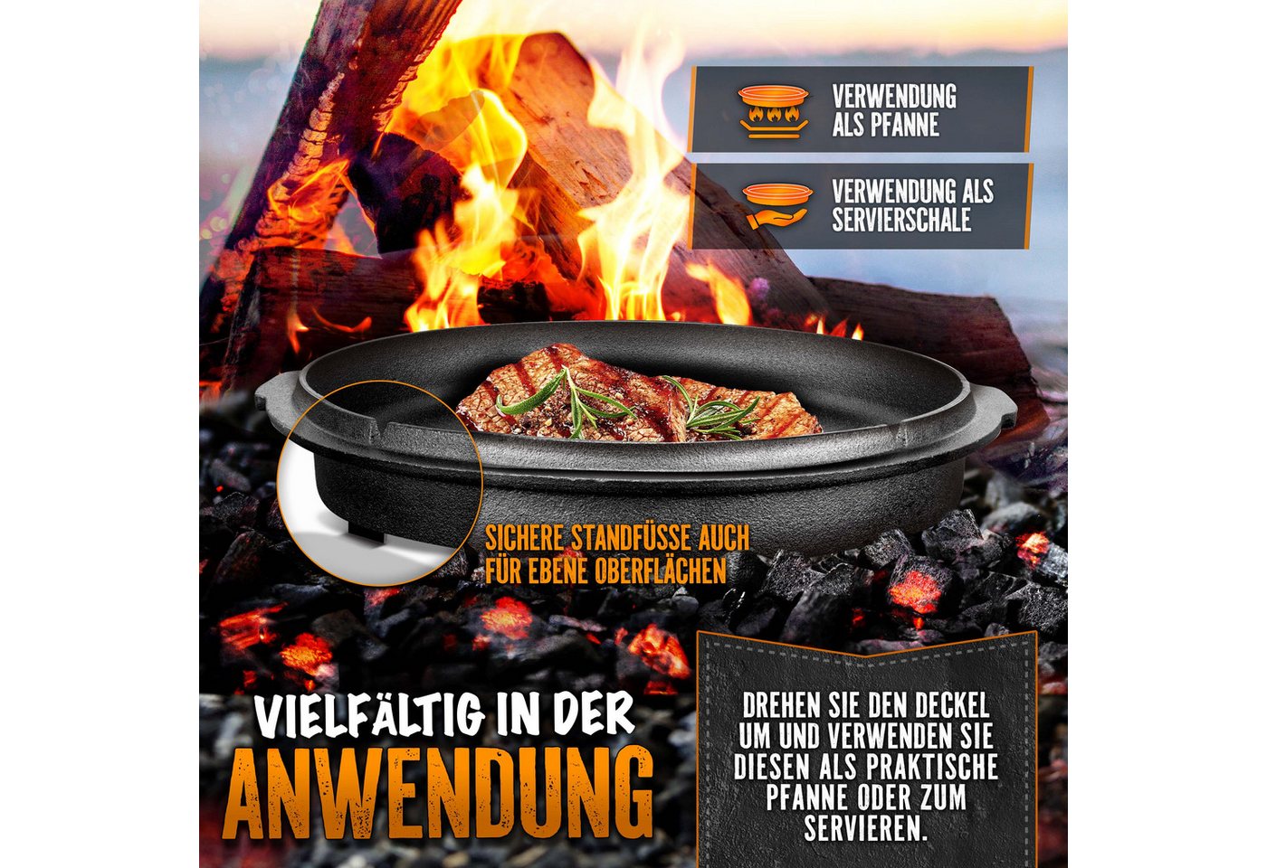 Grillas® Dutch Oven Set 4,2 Liter / Topf Mit Füße Deckelheber Bbq Gusseisen Feuertopf Gusstopf Schmortopf Bild 4