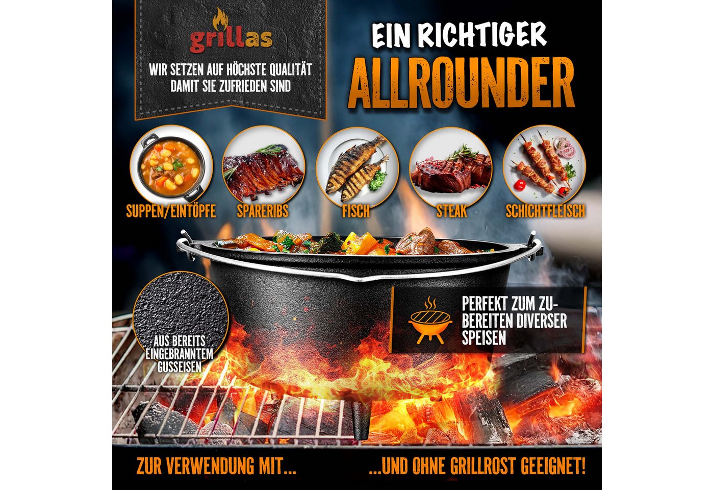 Grillas® Dutch Oven Set 4,2 Liter / Topf Mit Füße Deckelheber Bbq Gusseisen Feuertopf Gusstopf Schmortopf Bild 5