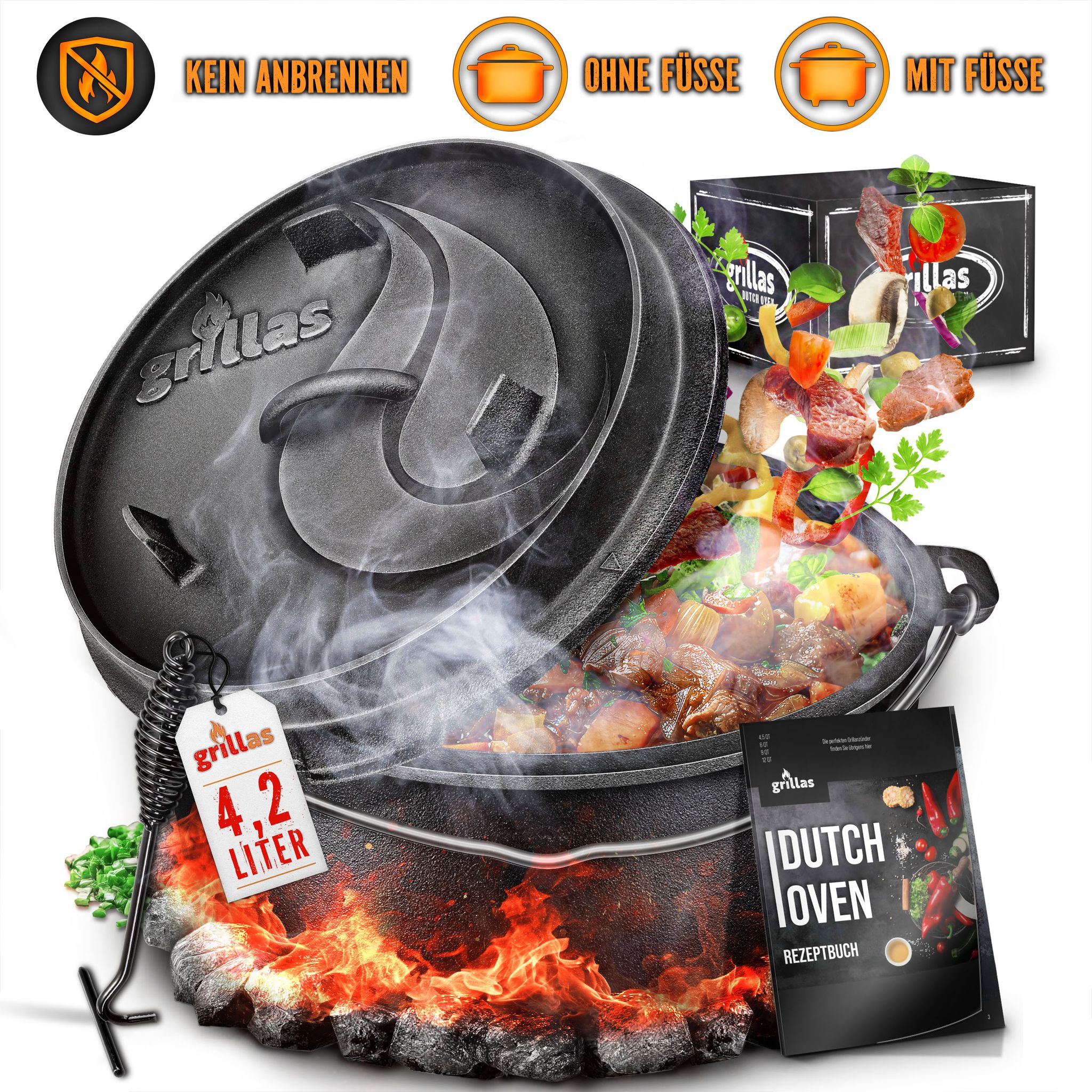 Grillas® Dutch Oven Set 9 Liter / Topf Mit Füße Deckelheber Bbq Gusseisen Feuertopf Gusstopf Schmortopf