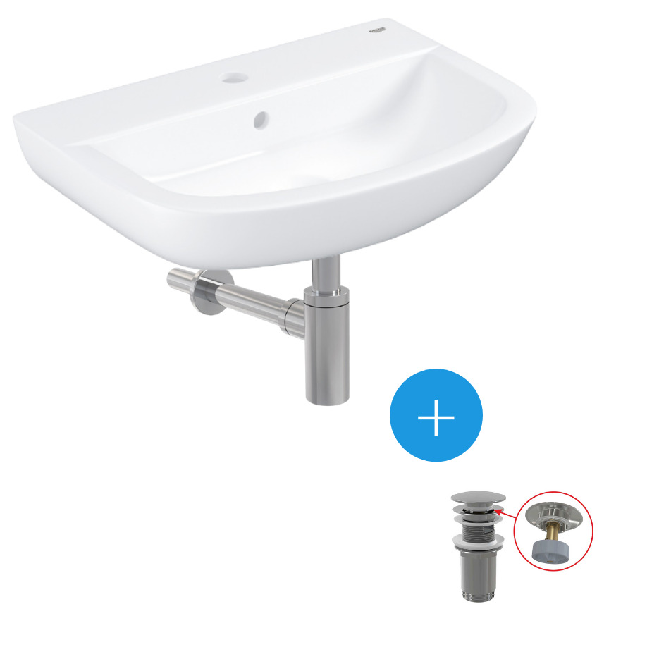 Set Aus Wandhängendem Waschbecken Aus Glasporzellan 55,3 X 38,6 Cm + Klick-klack-ablauf + Waschbeckengeruchsverschluss (39440000 - Grohe