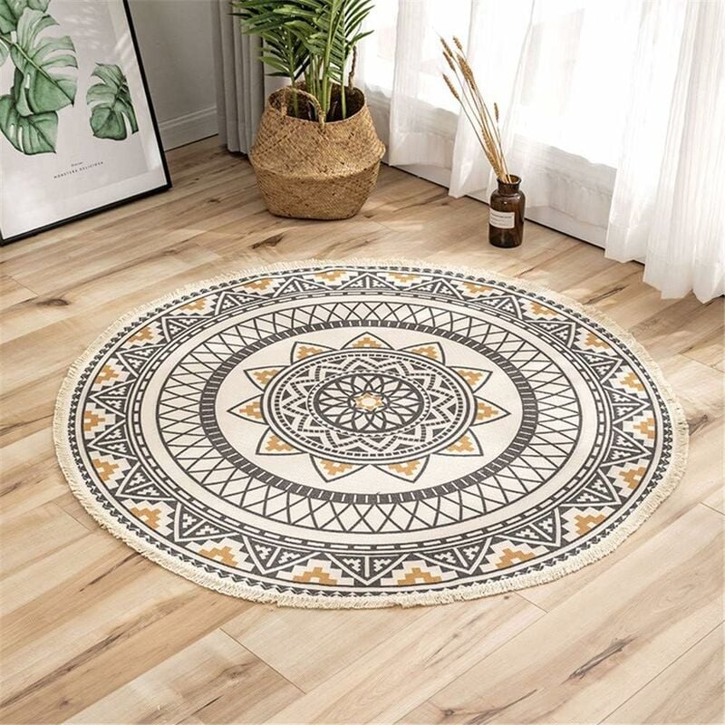 Tapis Rond En Coton 90 Cm – Style Bohème – Tissé À La Main – Lavable En Machine À 30°c – Convient Pour Salon, Chambre, Pique-nique –