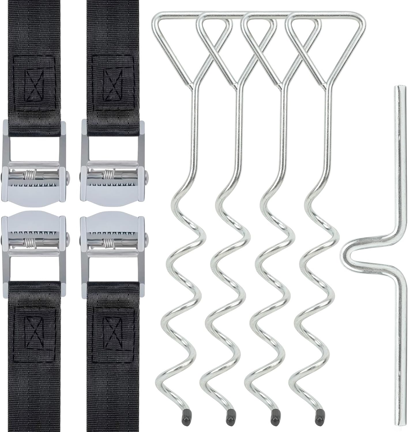 Bodenanker Trampolin Erdanker Trampolin Set Für Trampolin, Schaukel, Pavillon, Partyzelt, Gartenhaus, Schaukel, Zelt - 4 Bodenanker Erdanker + 4 Verstellbarer Gurte + 1 Drehhilfe