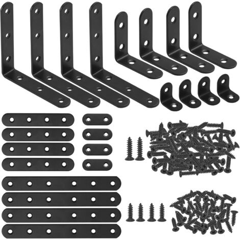 Set Mit 134 Schwarzen Eckwinkeln. 24 L-förmige Winkel Und Ein Flacher Metallwinkel Mit 110 Schrauben Für Holzstühle, Bücherregale, Regale, Fenster Und Möbel.