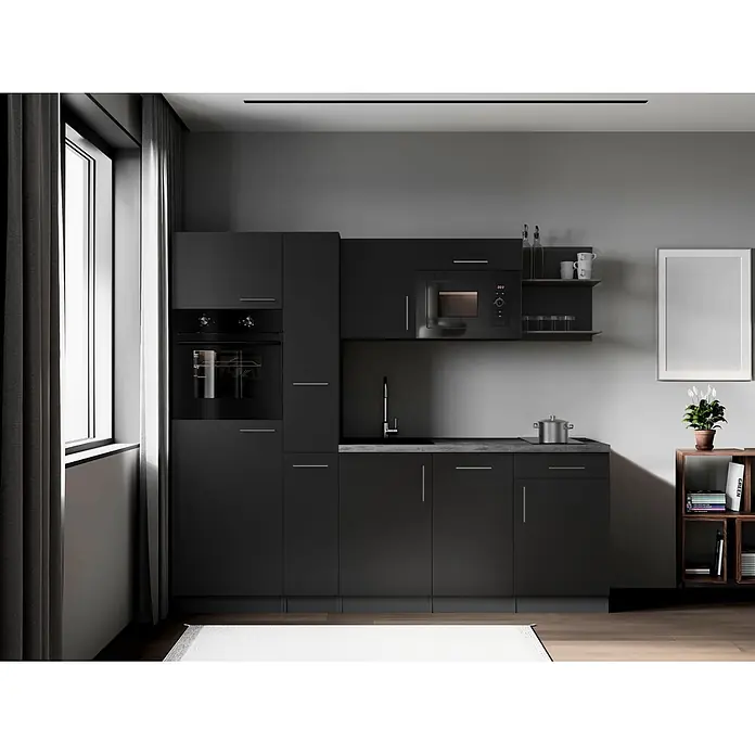 Respekta Oliver Küchenzeile (Breite: 235 cm, Schwarz, Geschirrspüler | Kochfeld | Kühlschrank | Backofen | Mikrowelle)