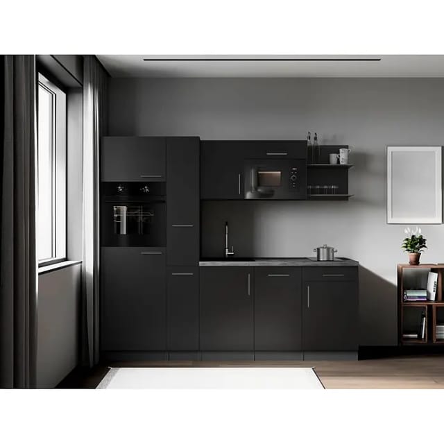 Respekta Oliver Küchenzeile (Breite: 235 cm, Schwarz, Geschirrspüler | Kochfeld | Kühlschrank | Backofen | Mikrowelle)