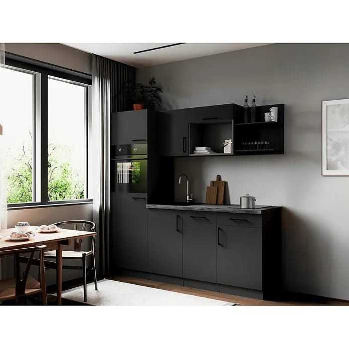 Respekta Oliver Singleküche (Breite: 205 cm, Grau, Geschirrspüler | Kochfeld | Kühlschrank | Backofen)