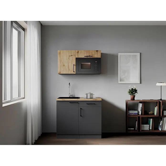 Respekta Oliver Miniküche (Breite: 100 cm, Grau/Holz, Kochfeld | Mikrowelle)