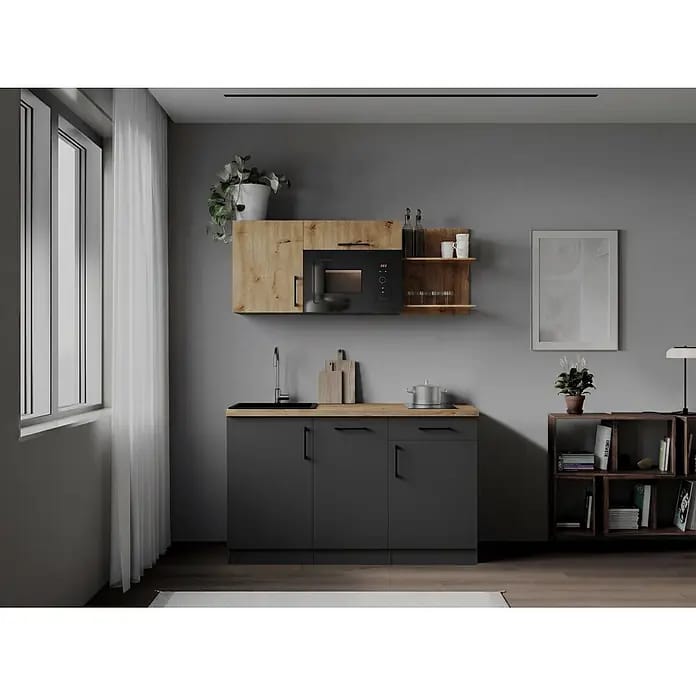 Respekta Oliver Miniküche (Breite: 145 cm, Grau/Holz, Kochfeld | Geschirrspüler | Mikrowelle)