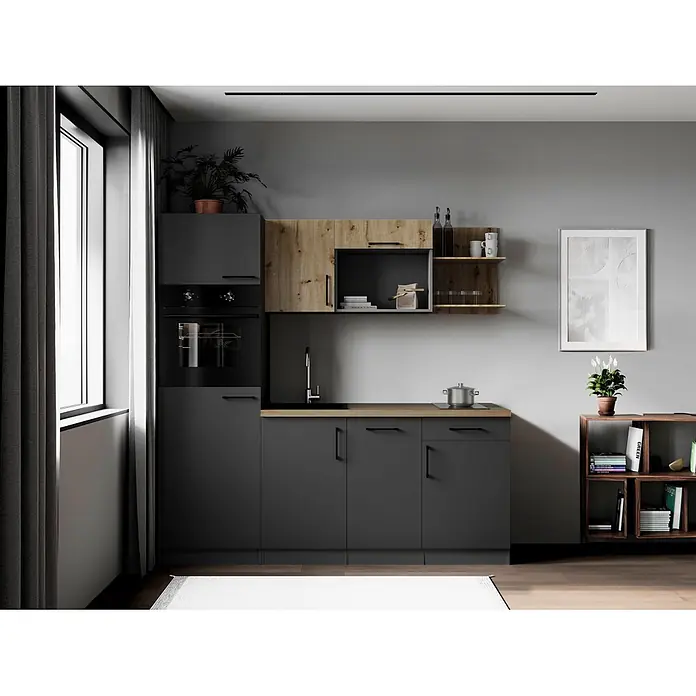 Respekta Oliver Singleküche (Breite: 205 cm, Grau/Holz, Geschirrspüler | Kochfeld | Kühlschrank | Backofen)