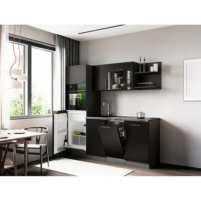 Respekta Oliver Singleküche (Breite: 205 cm, Schwarz, Kochfeld | Geschirrspüler | Kühlschrank | Mikrowelle | Backofen)
