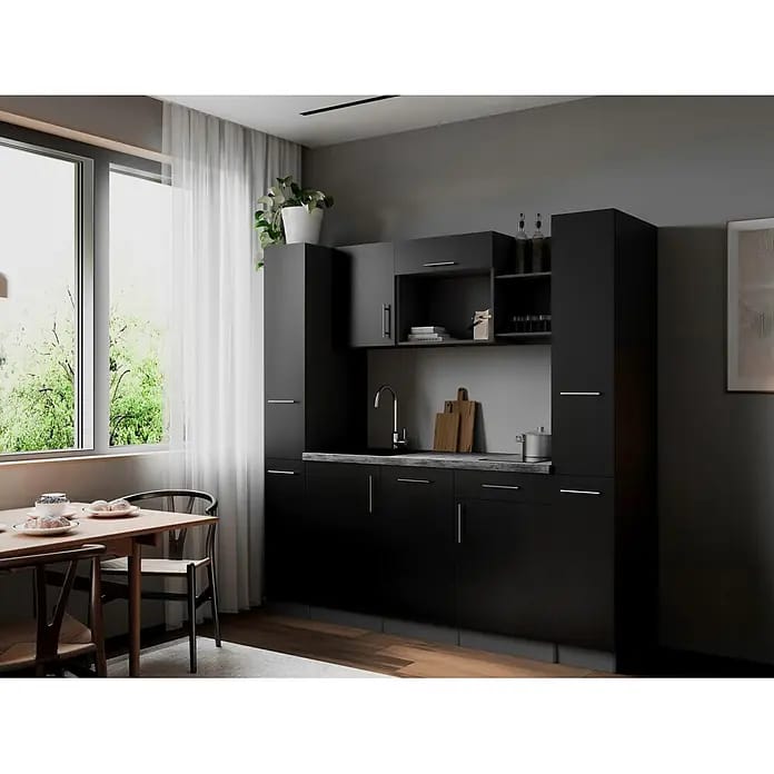 Respekta Oliver Singleküche (Breite: 205 cm, Schwarz, Geschirrspüler | Kochfeld)