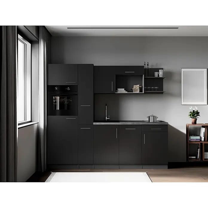 Respekta Oliver Küchenzeile (Breite: 235 cm, Schwarz, Geschirrspüler | Kochfeld | Kühlschrank | Backofen)