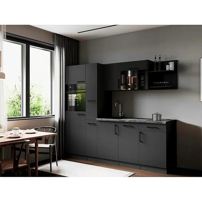 Respekta Oliver Küchenzeile (Breite: 235 cm, Grau, Geschirrspüler | Kochfeld | Kühlschrank | Backofen | Mikrowelle)
