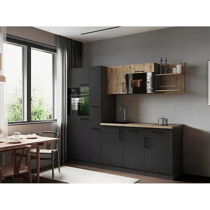 Respekta Oliver Küchenzeile (Breite: 235 cm, Grau/Holz, Geschirrspüler | Kochfeld | Kühlschrank | Backofen | Mikrowelle)