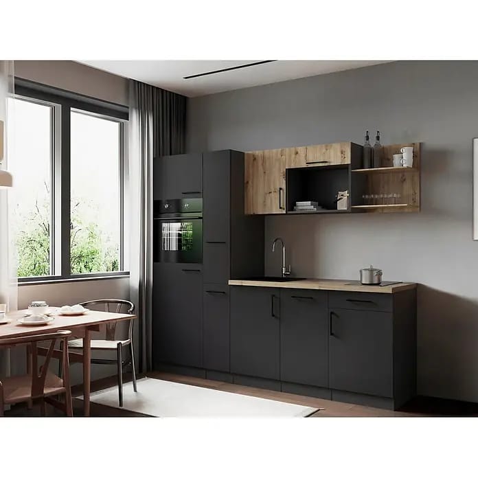 Respekta Oliver Küchenzeile (Breite: 235 cm, Grau/Holz, Geschirrspüler | Kochfeld | Kühlschrank | Backofen)